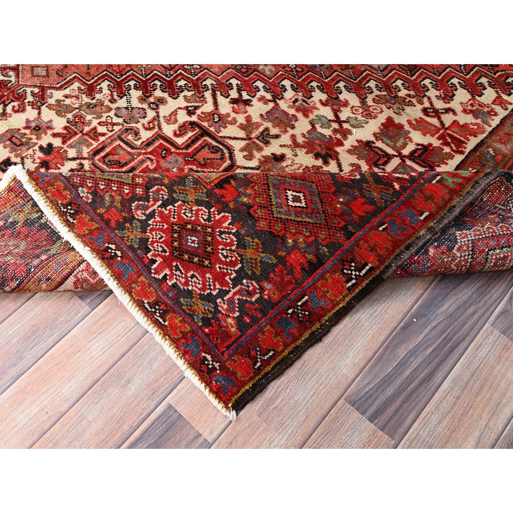 7'10"x11'10" Bills Red and Pitch Black, Semi Antique Vintage Heriz Persian With Geometric Flower Design, Sides and Ends Professionally Secured cleaned Hand Knotted Organic Wool Oriental Rug Sh86120