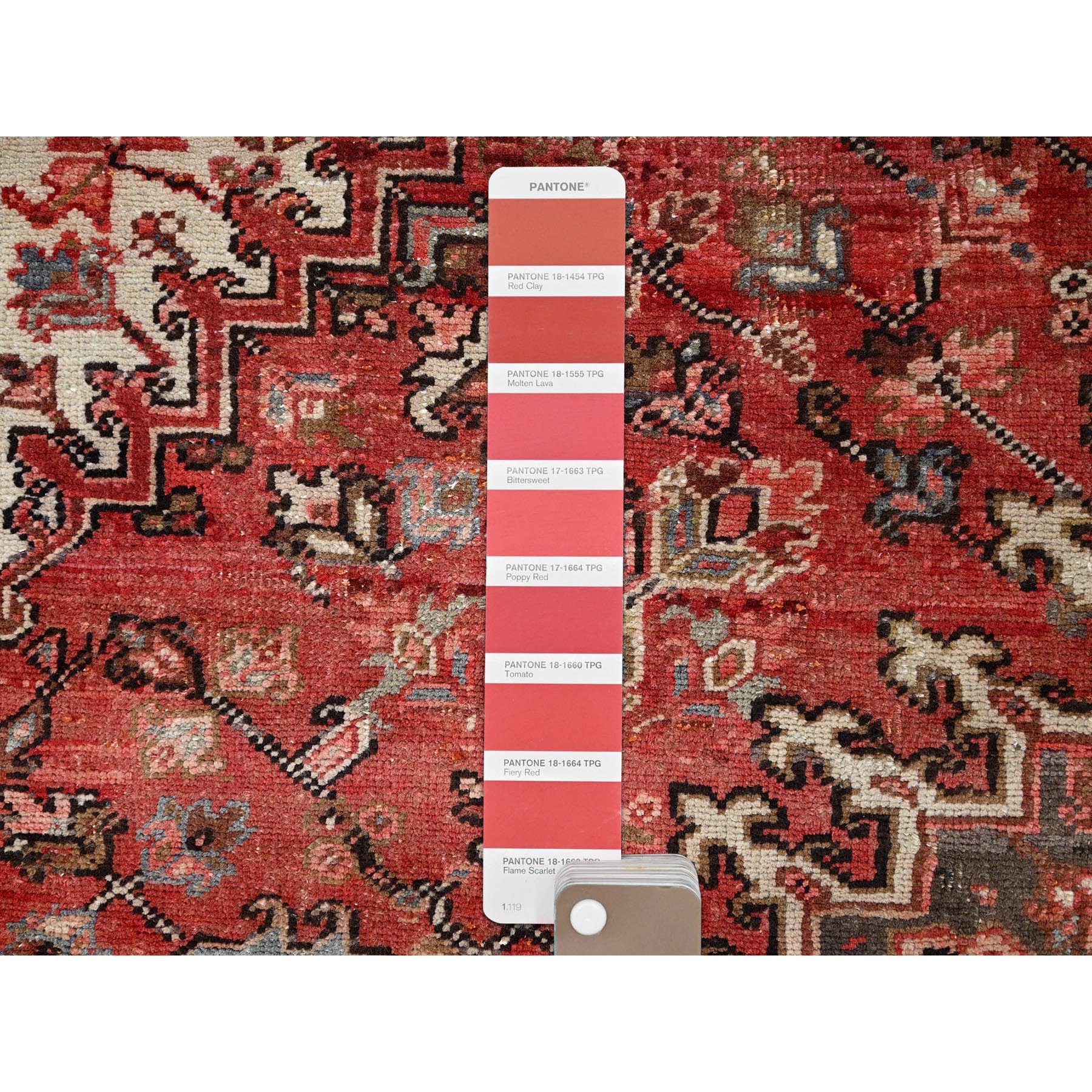 7'10"x11'10" Bills Red and Pitch Black, Semi Antique Vintage Heriz Persian With Geometric Flower Design, Sides and Ends Professionally Secured cleaned Hand Knotted Organic Wool Oriental Rug Sh86120