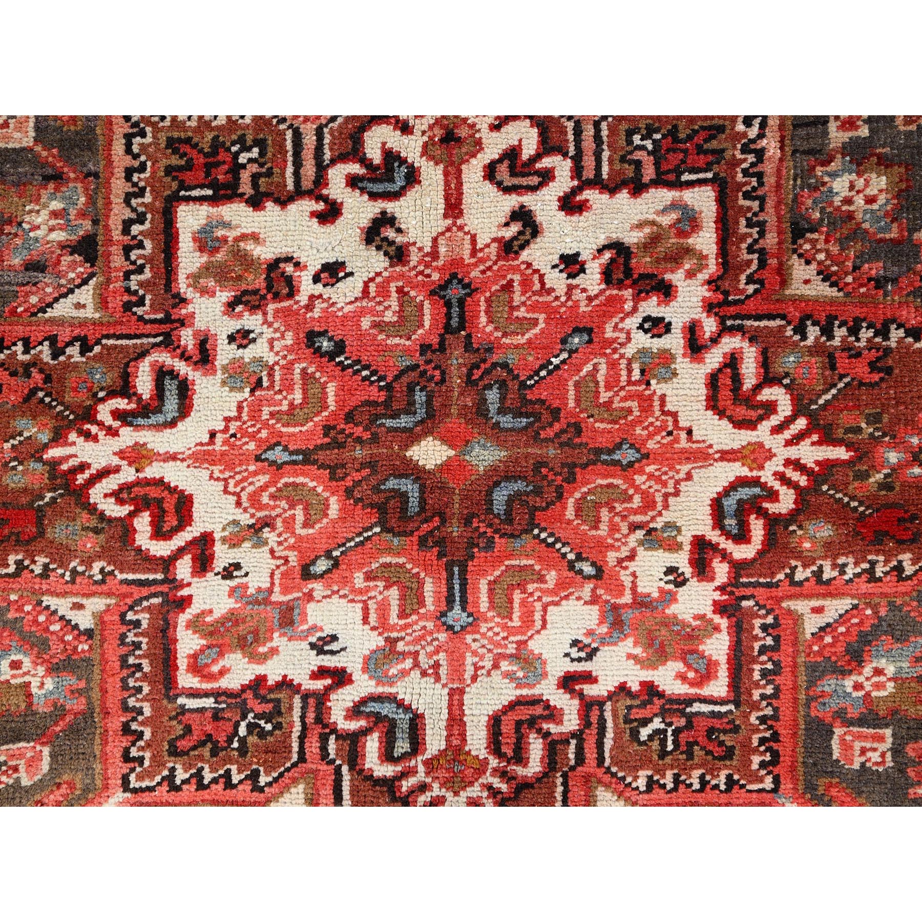 7'10"x11'10" Bills Red and Pitch Black, Semi Antique Vintage Heriz Persian With Geometric Flower Design, Sides and Ends Professionally Secured cleaned Hand Knotted Organic Wool Oriental Rug Sh86120