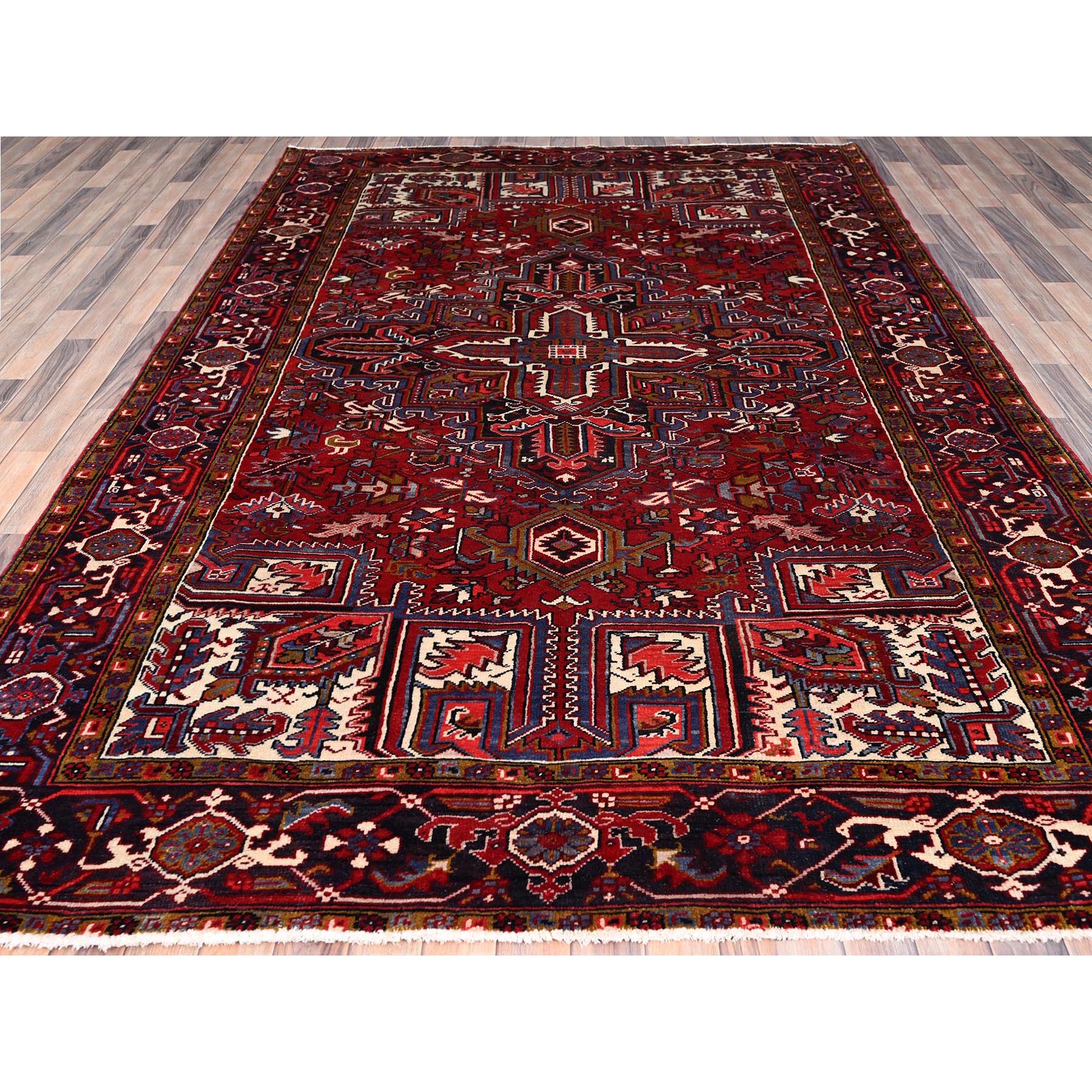 7'1"x10'4" Capsicum Red, Vintage Persian Heriz, Sides and Ends Professionally Secured, Cleaned, Extra Soft Wool, Hand Knotted, Oriental Rustic Feel Rug Sh86124