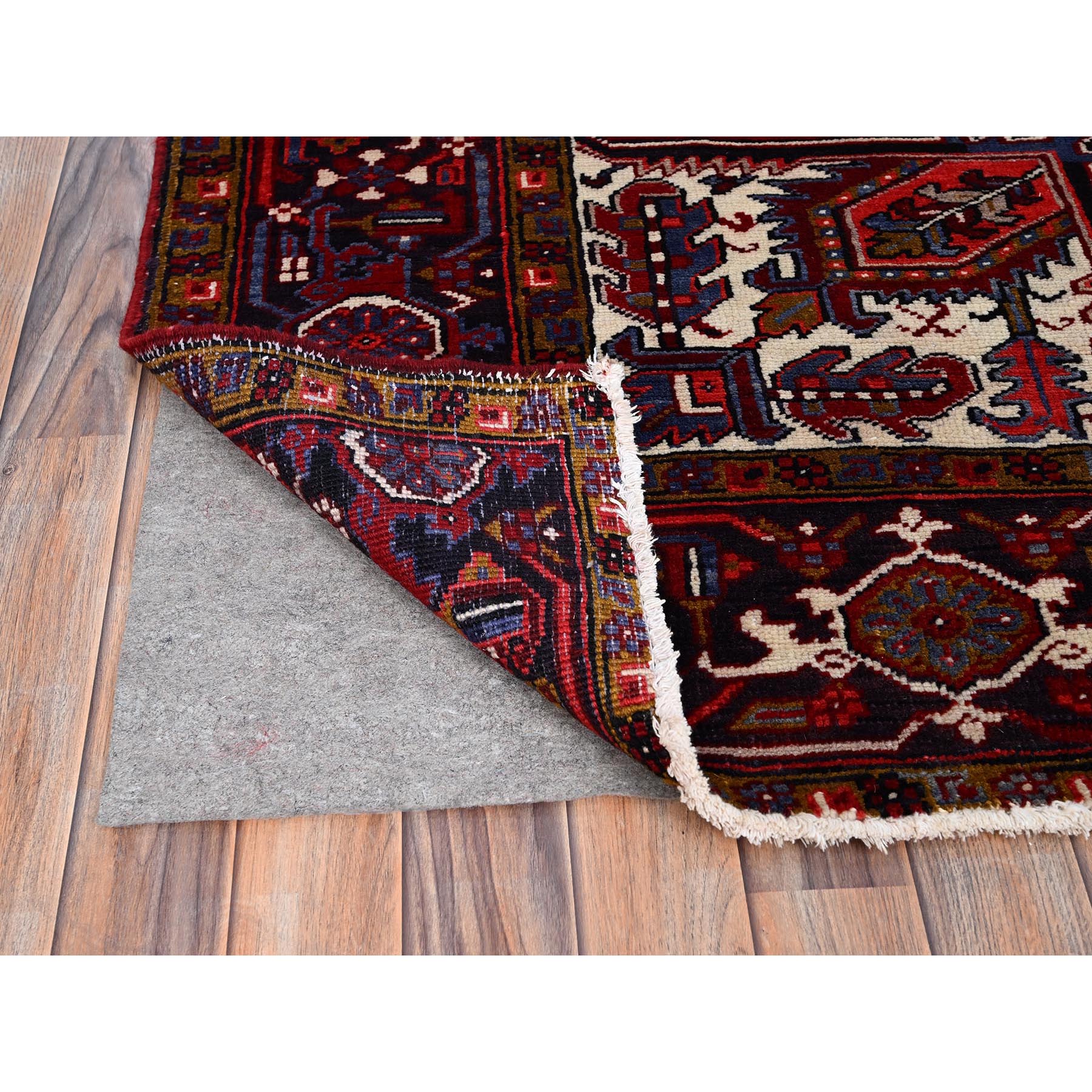 7'1"x10'4" Capsicum Red, Vintage Persian Heriz, Sides and Ends Professionally Secured, Cleaned, Extra Soft Wool, Hand Knotted, Oriental Rustic Feel Rug Sh86124