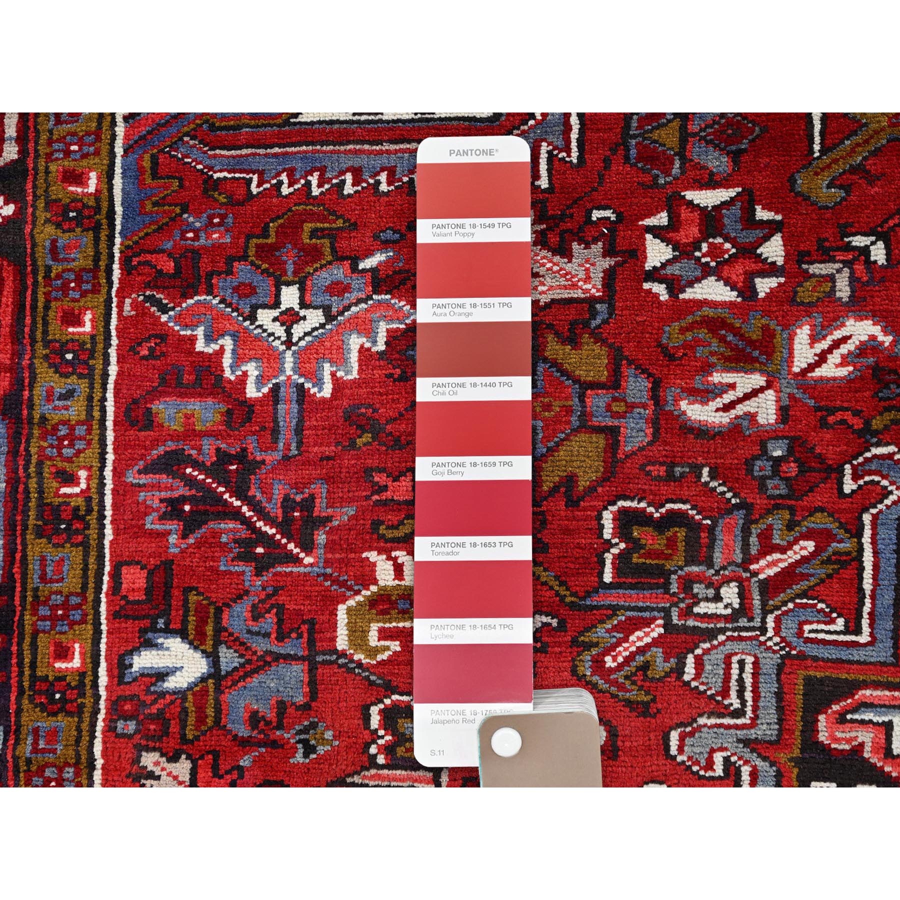 7'1"x10'4" Capsicum Red, Vintage Persian Heriz, Sides and Ends Professionally Secured, Cleaned, Extra Soft Wool, Hand Knotted, Oriental Rustic Feel Rug Sh86124