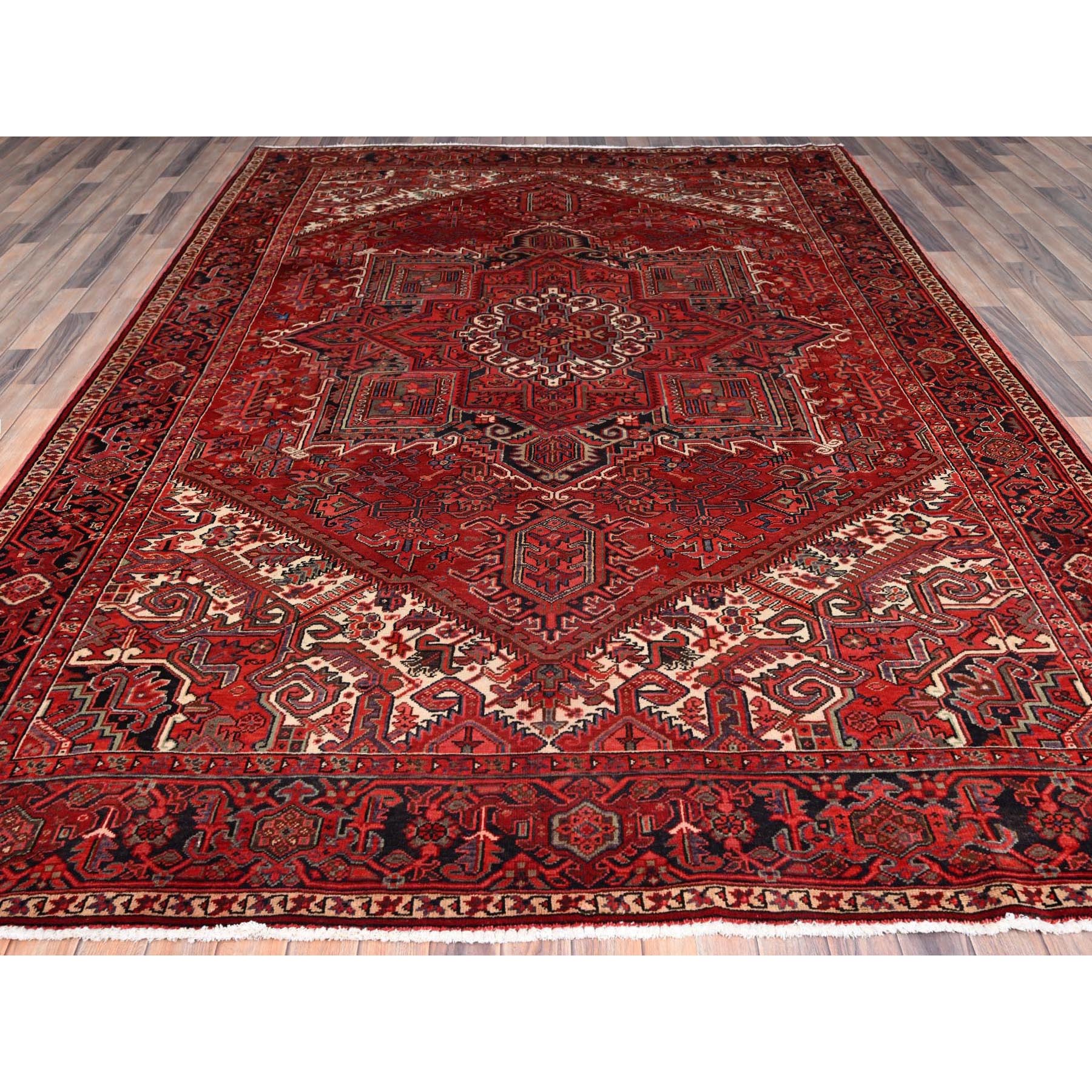 8'1"x11' Garnet Red and Soot Black, Semi Antique Village Motifs Persian Heriz Design, Excellent Condition With Rustic Look, Clean Sides and Ends Professionally Secured, Abrash, Soft Vibrant Wool, Hand Knotted Oriental Rug Sh86130