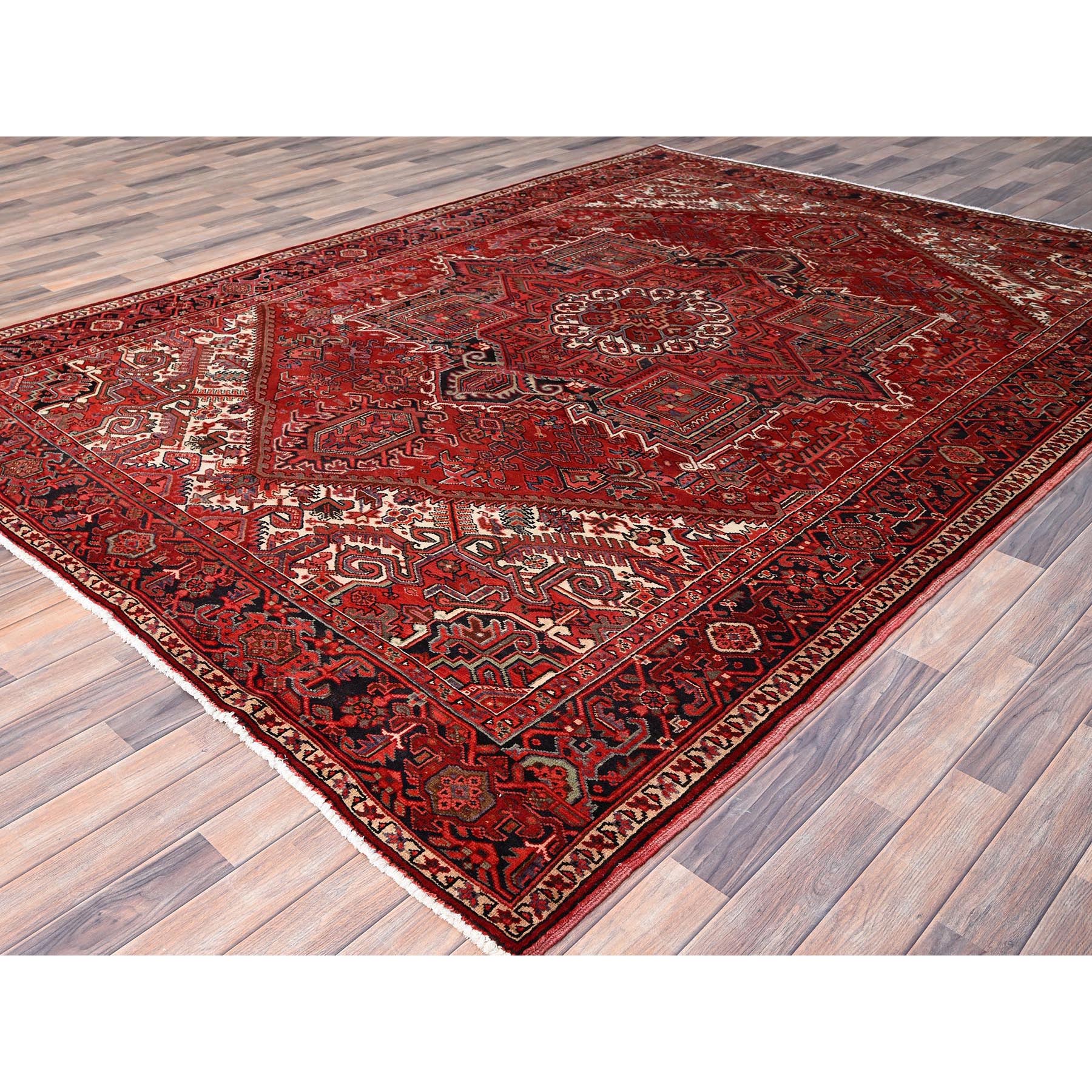 8'1"x11' Garnet Red and Soot Black, Semi Antique Village Motifs Persian Heriz Design, Excellent Condition With Rustic Look, Clean Sides and Ends Professionally Secured, Abrash, Soft Vibrant Wool, Hand Knotted Oriental Rug Sh86130