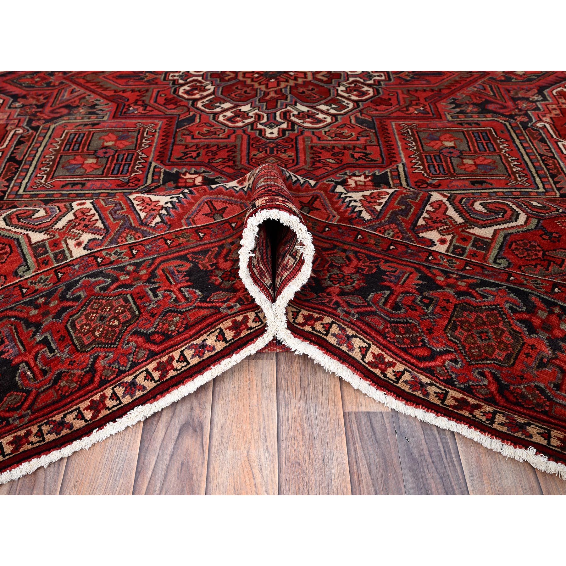 8'1"x11' Garnet Red and Soot Black, Semi Antique Village Motifs Persian Heriz Design, Excellent Condition With Rustic Look, Clean Sides and Ends Professionally Secured, Abrash, Soft Vibrant Wool, Hand Knotted Oriental Rug Sh86130