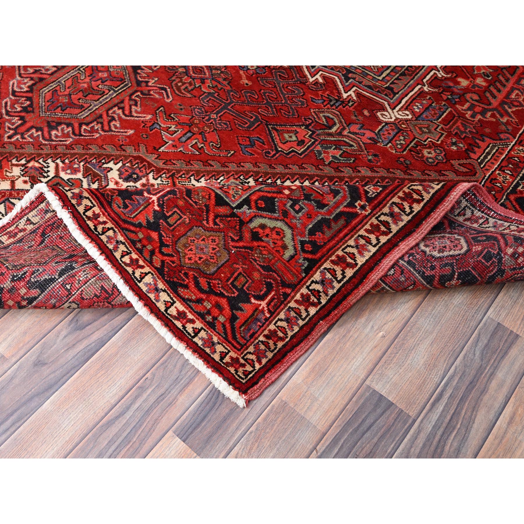 8'1"x11' Garnet Red and Soot Black, Semi Antique Village Motifs Persian Heriz Design, Excellent Condition With Rustic Look, Clean Sides and Ends Professionally Secured, Abrash, Soft Vibrant Wool, Hand Knotted Oriental Rug Sh86130