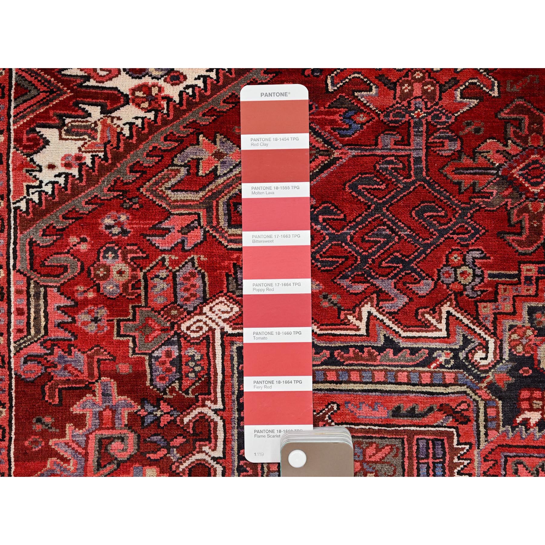 8'1"x11' Garnet Red and Soot Black, Semi Antique Village Motifs Persian Heriz Design, Excellent Condition With Rustic Look, Clean Sides and Ends Professionally Secured, Abrash, Soft Vibrant Wool, Hand Knotted Oriental Rug Sh86130
