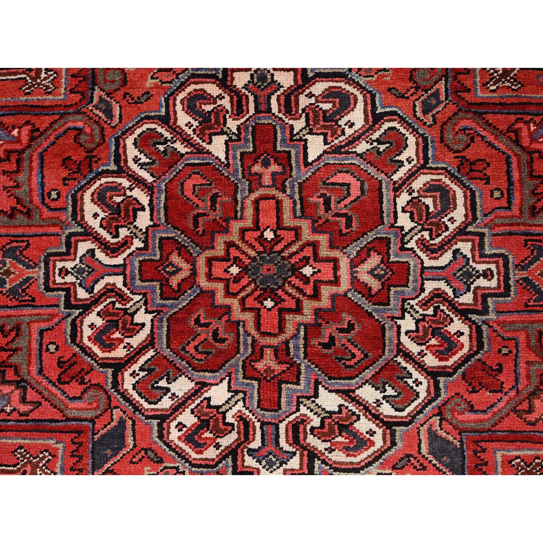 8'1"x11' Garnet Red and Soot Black, Semi Antique Village Motifs Persian Heriz Design, Excellent Condition With Rustic Look, Clean Sides and Ends Professionally Secured, Abrash, Soft Vibrant Wool, Hand Knotted Oriental Rug Sh86130