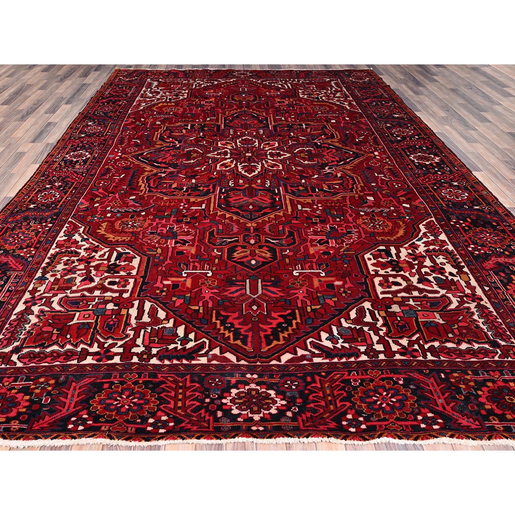 9'7"x12'6" Dutch Tulip Red, Semi Antique Hand Knotted with Porcelain White Corners Persian Heriz, Shiny wool Excellent Condition, Oriental Rug Sh86143