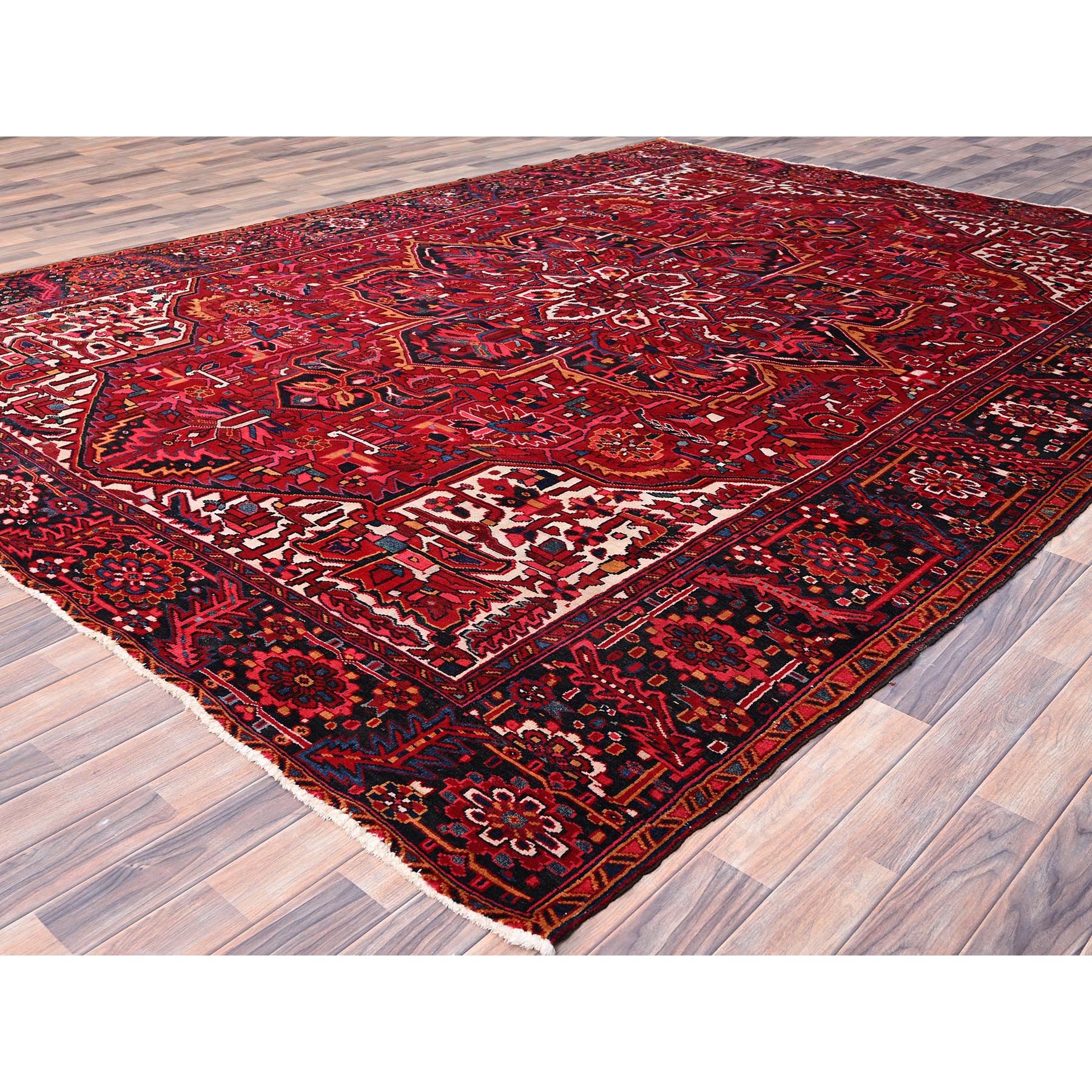 9'7"x12'6" Dutch Tulip Red, Semi Antique Hand Knotted with Porcelain White Corners Persian Heriz, Shiny wool Excellent Condition, Oriental Rug Sh86143