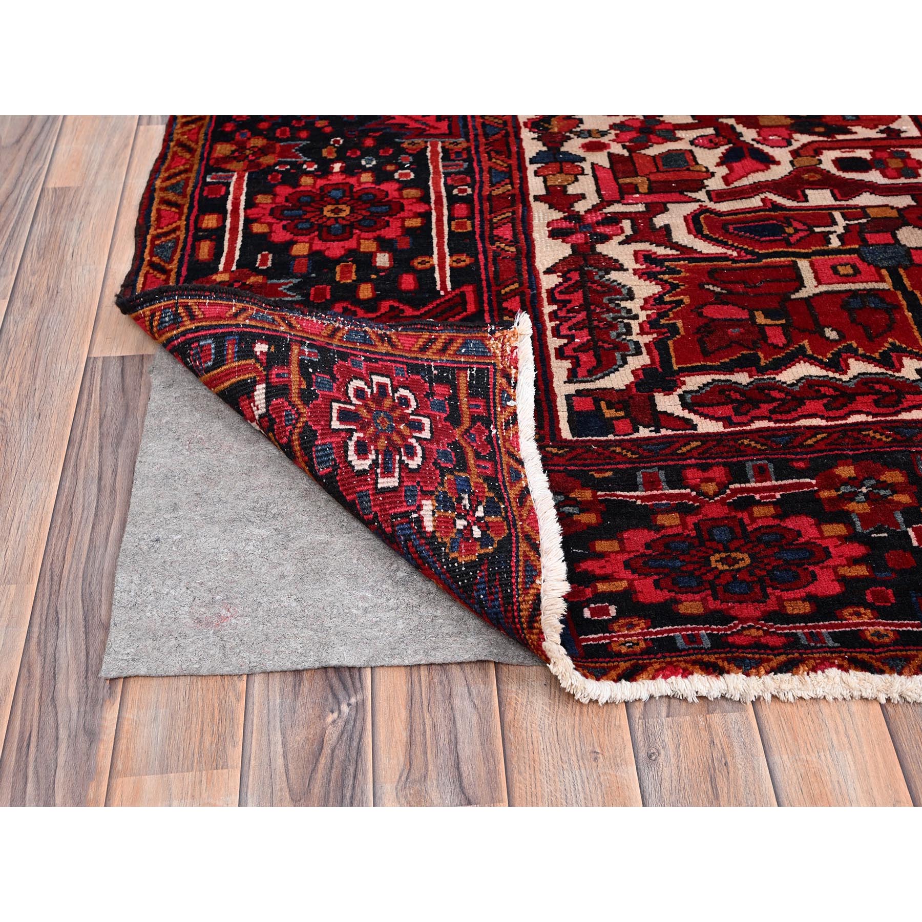 9'7"x12'6" Dutch Tulip Red, Semi Antique Hand Knotted with Porcelain White Corners Persian Heriz, Shiny wool Excellent Condition, Oriental Rug Sh86143