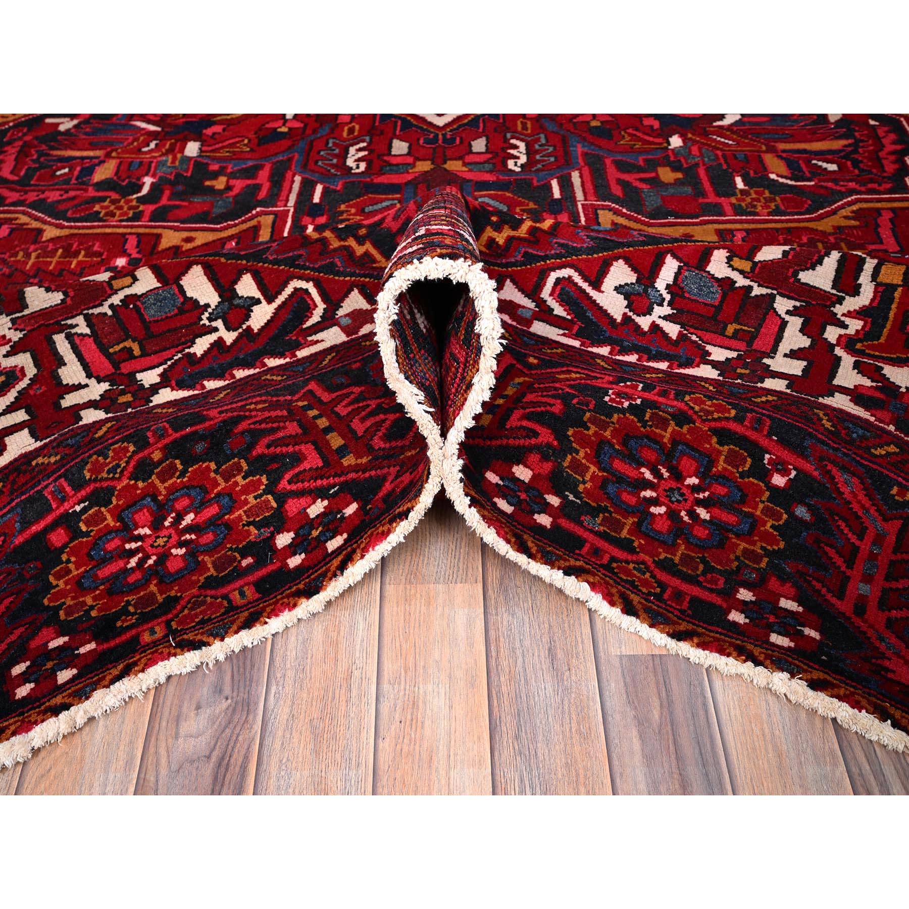 9'7"x12'6" Dutch Tulip Red, Semi Antique Hand Knotted with Porcelain White Corners Persian Heriz, Shiny wool Excellent Condition, Oriental Rug Sh86143
