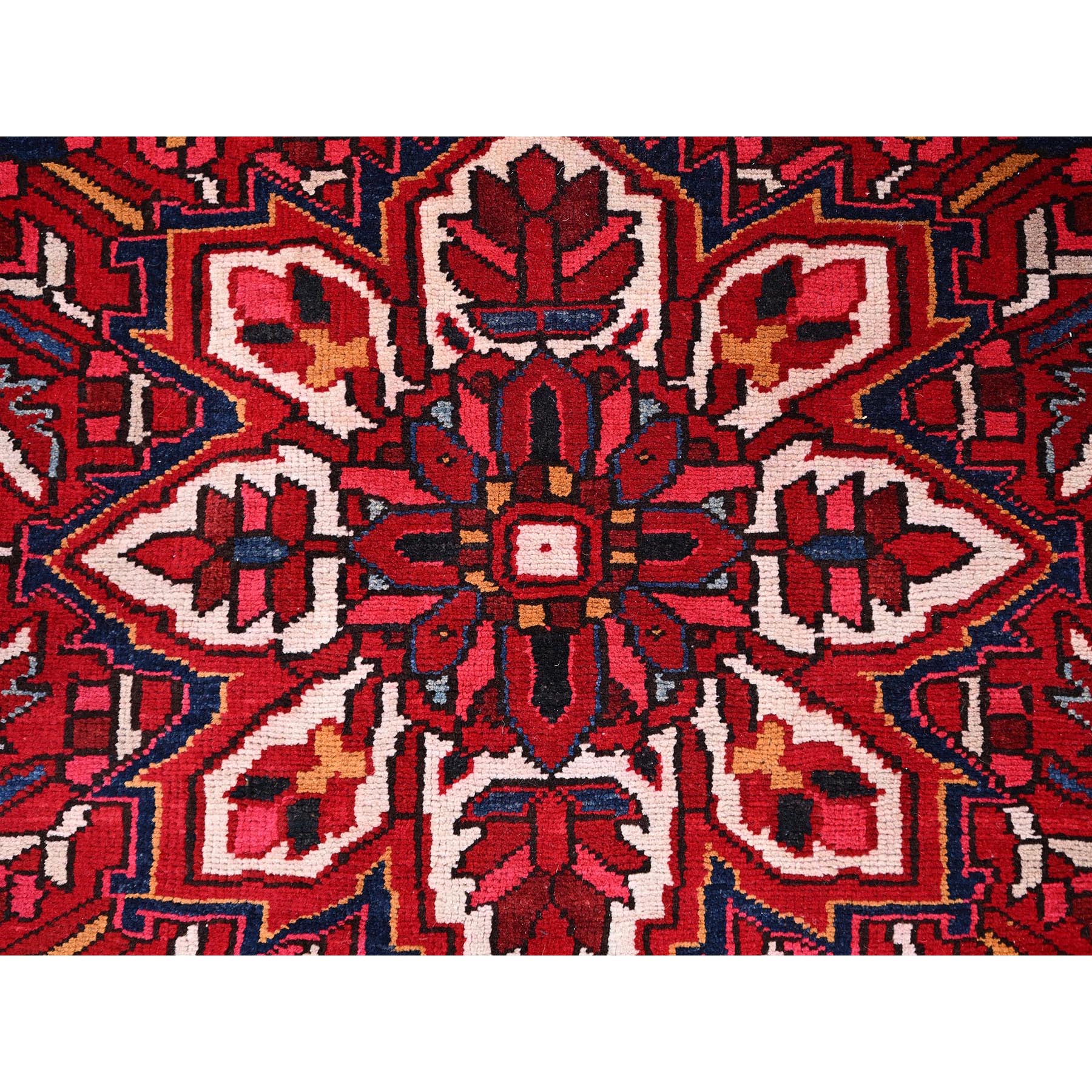 9'7"x12'6" Dutch Tulip Red, Semi Antique Hand Knotted with Porcelain White Corners Persian Heriz, Shiny wool Excellent Condition, Oriental Rug Sh86143