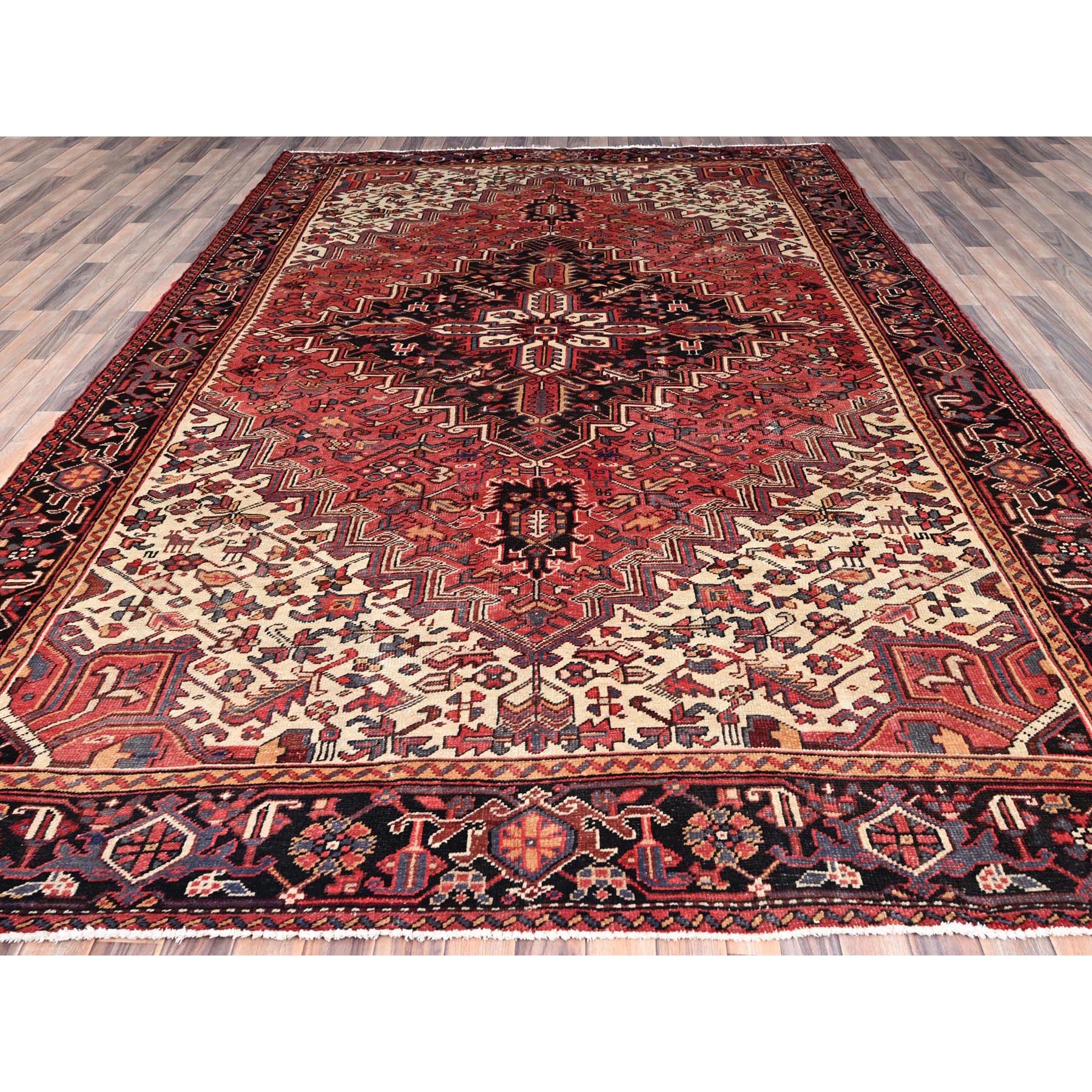 8'3"x12' Rose Quartz Red With Comfort Ivory Spandrels Having a Village Motifs, Soft and Shiny Wool, Hand Knotted, Persian Vintage Heriz with Central Medallion, Excellent Condition with Even Wear and Full Pile Oriental Rug Sh86147
