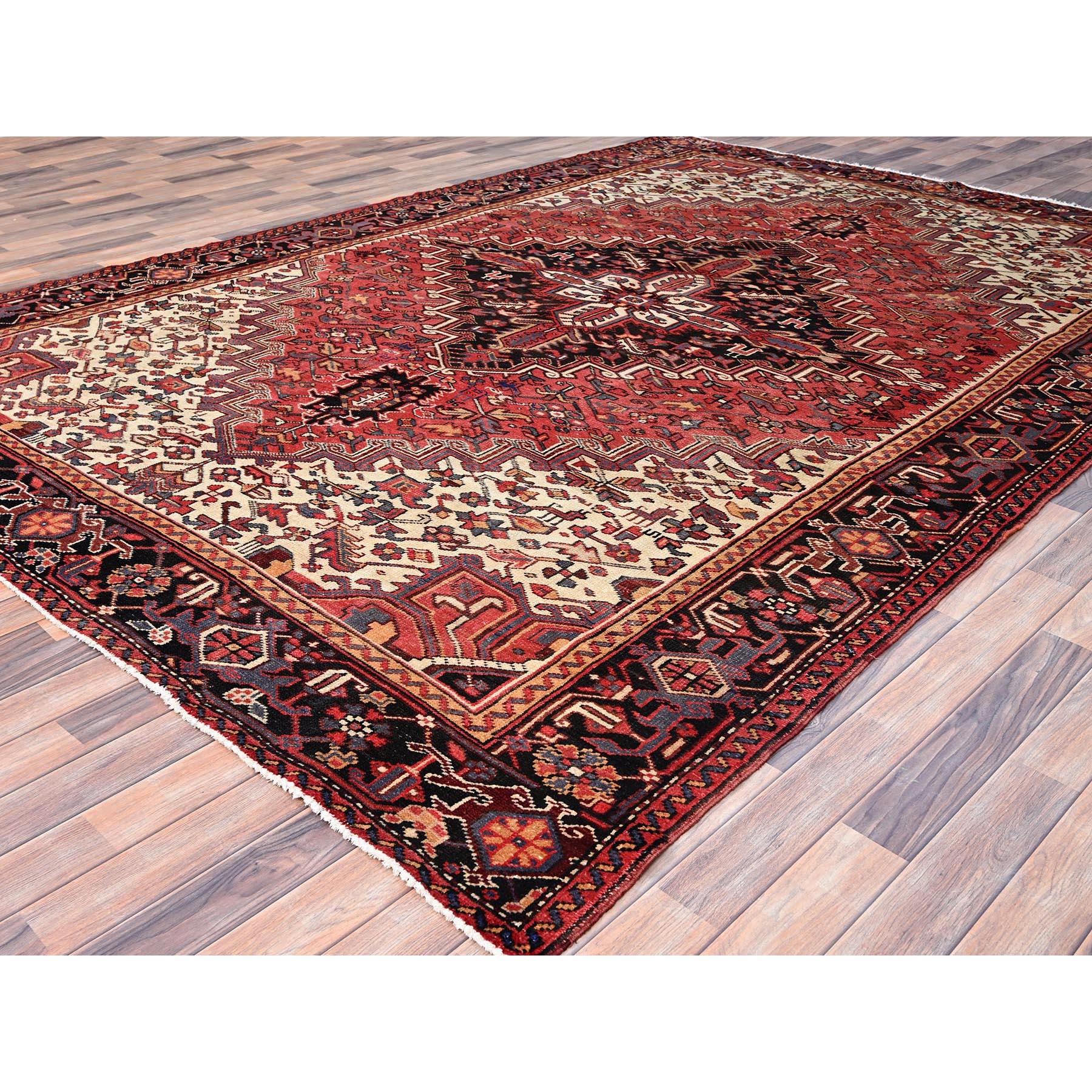 8'3"x12' Rose Quartz Red With Comfort Ivory Spandrels Having a Village Motifs, Soft and Shiny Wool, Hand Knotted, Persian Vintage Heriz with Central Medallion, Excellent Condition with Even Wear and Full Pile Oriental Rug Sh86147