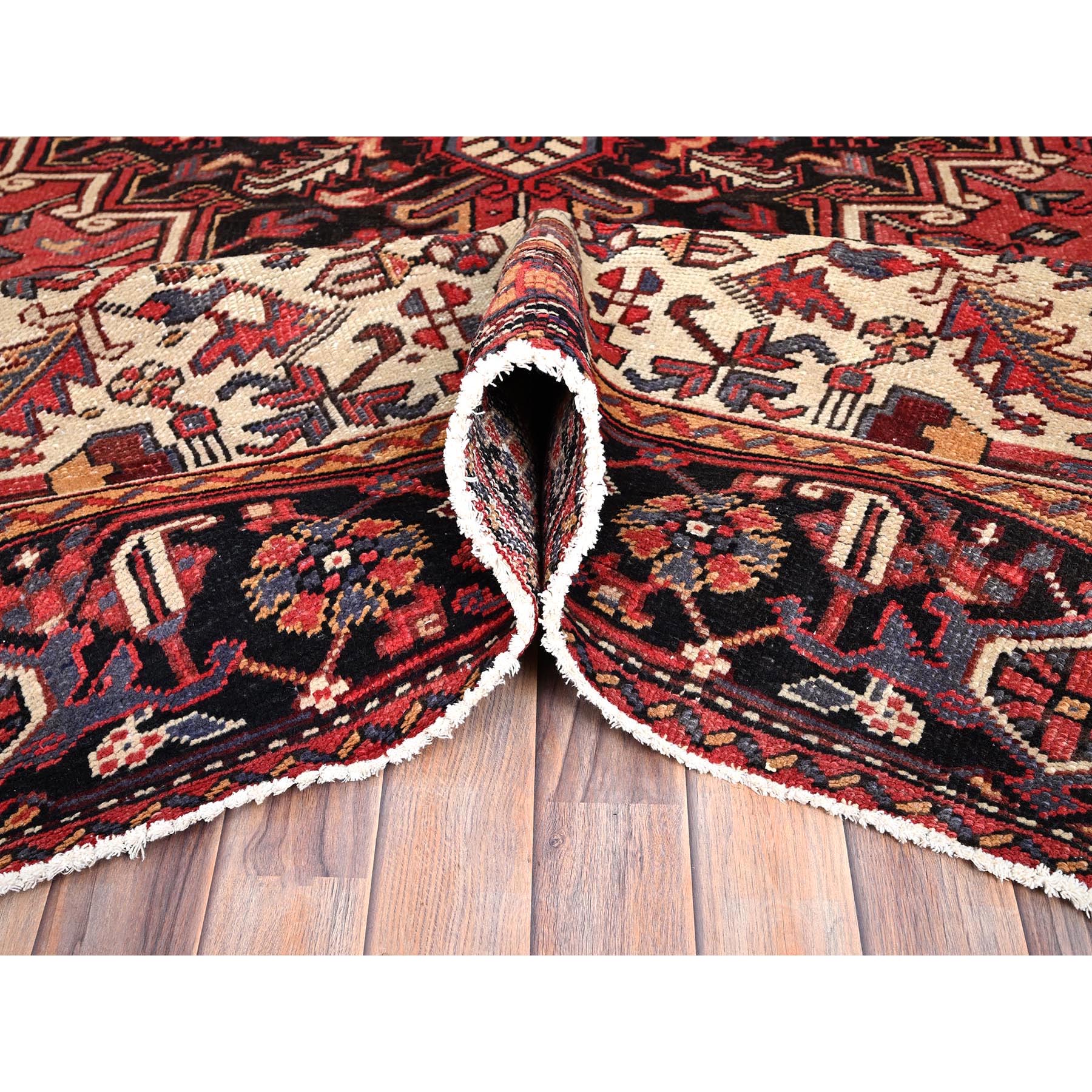 8'3"x12' Rose Quartz Red With Comfort Ivory Spandrels Having a Village Motifs, Soft and Shiny Wool, Hand Knotted, Persian Vintage Heriz with Central Medallion, Excellent Condition with Even Wear and Full Pile Oriental Rug Sh86147