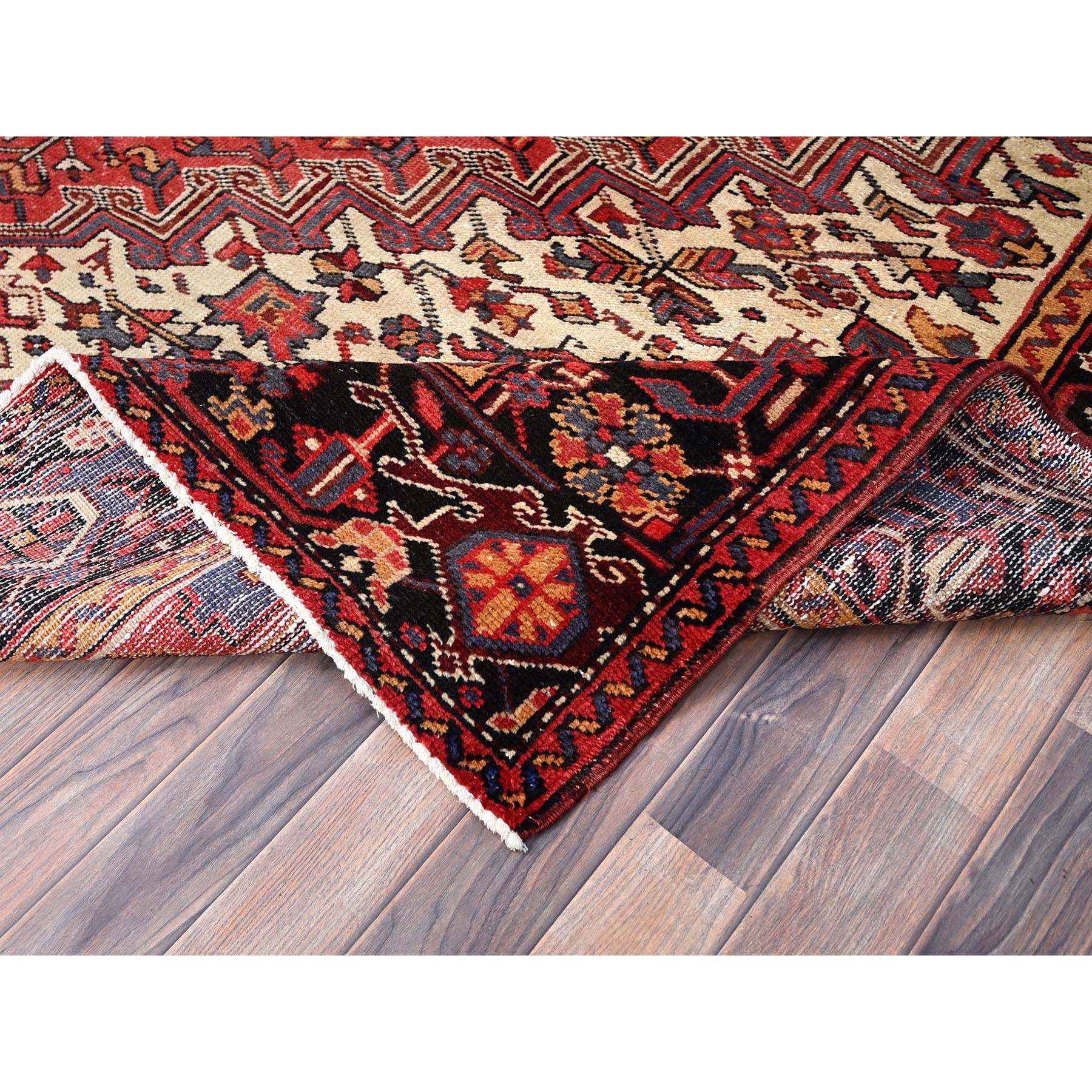8'3"x12' Rose Quartz Red With Comfort Ivory Spandrels Having a Village Motifs, Soft and Shiny Wool, Hand Knotted, Persian Vintage Heriz with Central Medallion, Excellent Condition with Even Wear and Full Pile Oriental Rug Sh86147