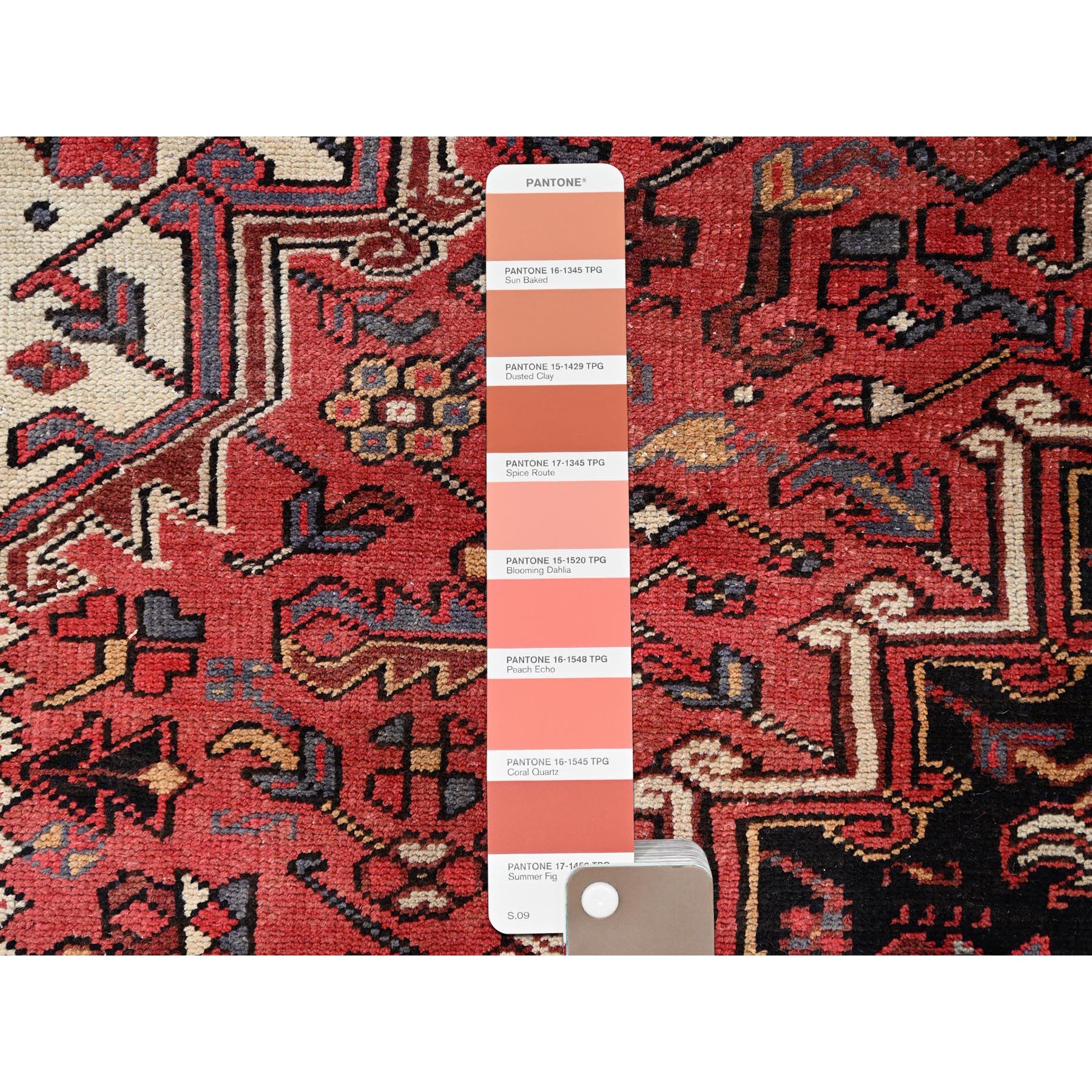 8'3"x12' Rose Quartz Red With Comfort Ivory Spandrels Having a Village Motifs, Soft and Shiny Wool, Hand Knotted, Persian Vintage Heriz with Central Medallion, Excellent Condition with Even Wear and Full Pile Oriental Rug Sh86147