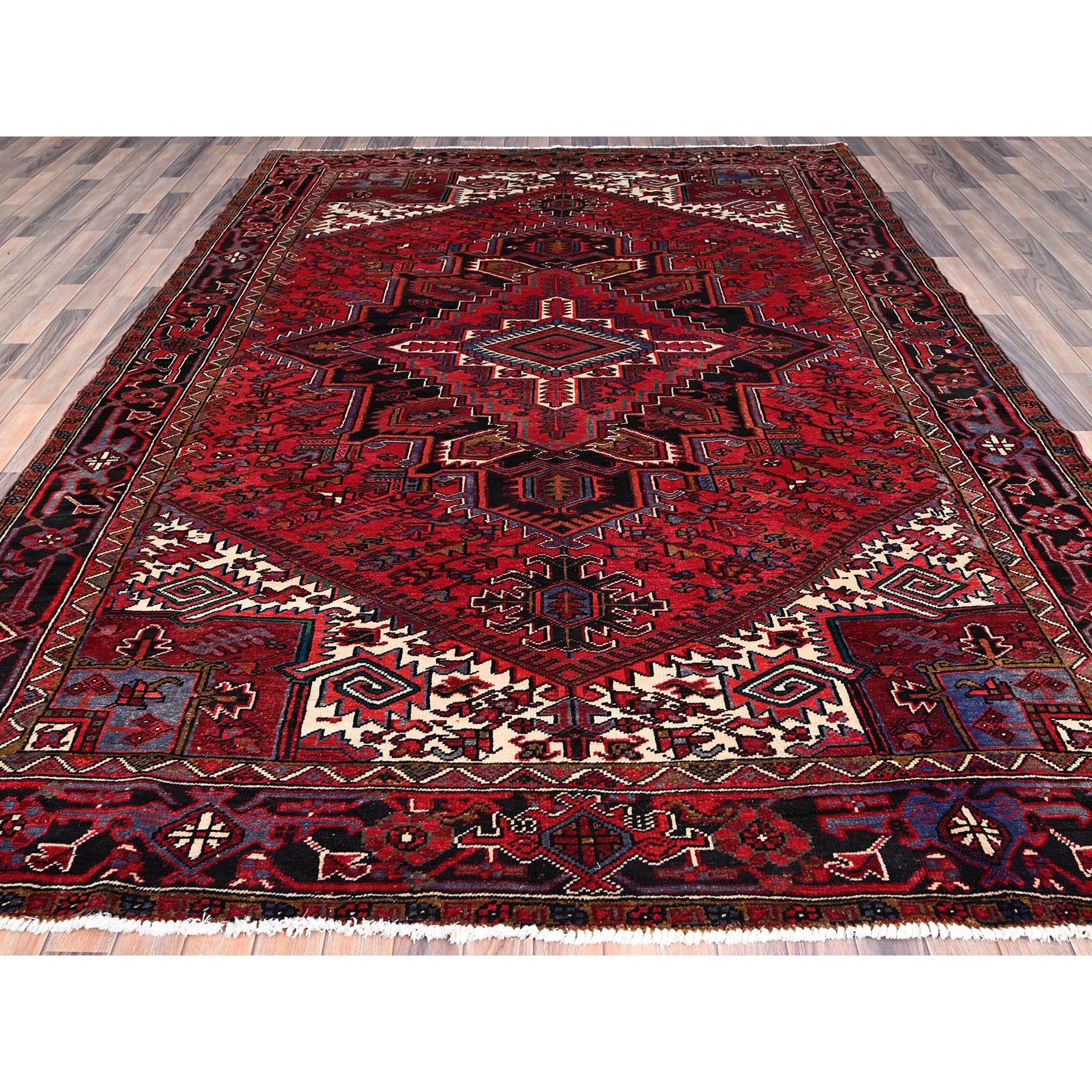 8'x11' Rufous Red, Semi Antique Persian Hand knotted With Central Geometric Medallion Heriz Design, Cleaned Sides and Ends Professionally Secured, Mint Condition Pure Wool Oriental Rug Sh86149