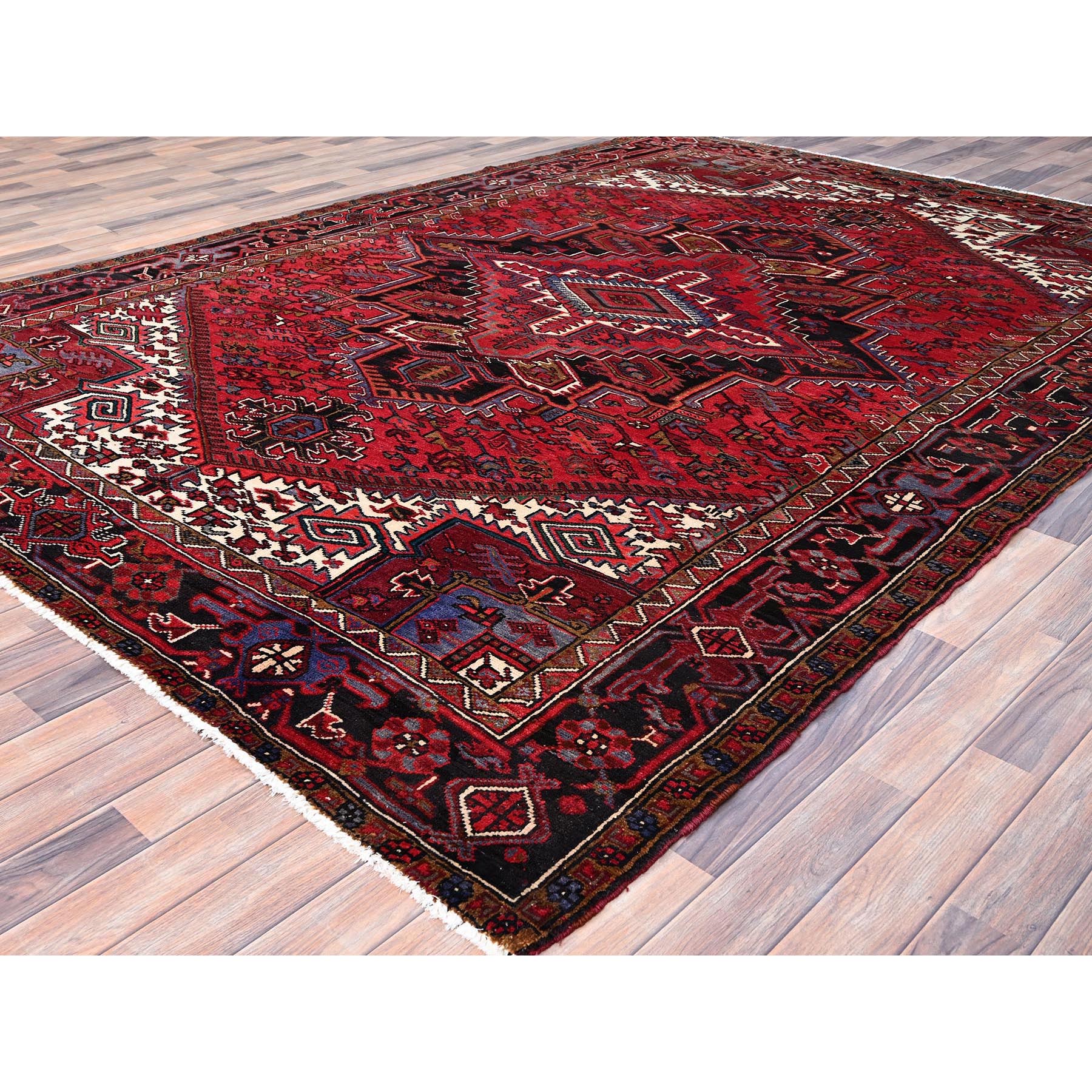 8'x11' Rufous Red, Semi Antique Persian Hand knotted With Central Geometric Medallion Heriz Design, Cleaned Sides and Ends Professionally Secured, Mint Condition Pure Wool Oriental Rug Sh86149