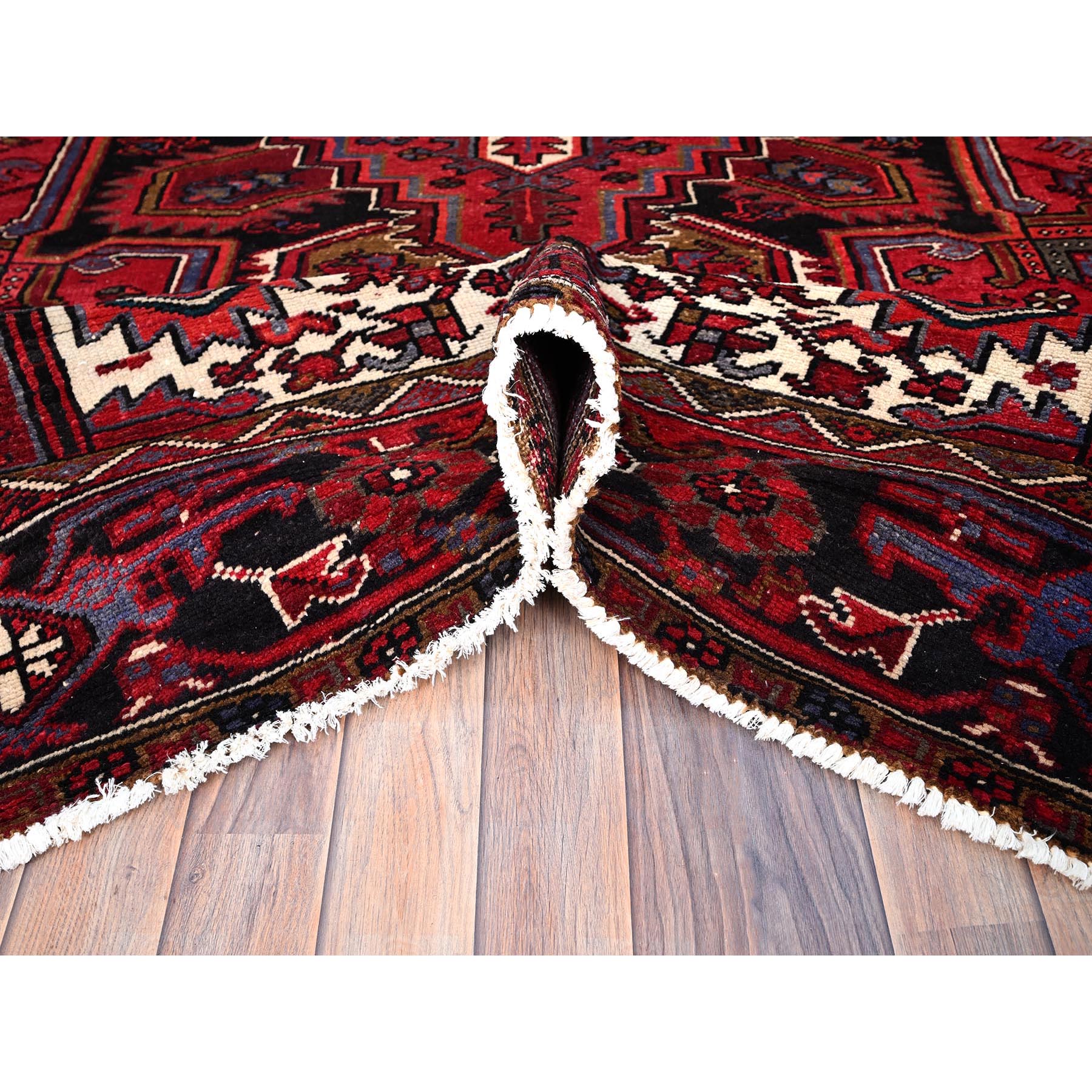 8'x11' Rufous Red, Semi Antique Persian Hand knotted With Central Geometric Medallion Heriz Design, Cleaned Sides and Ends Professionally Secured, Mint Condition Pure Wool Oriental Rug Sh86149