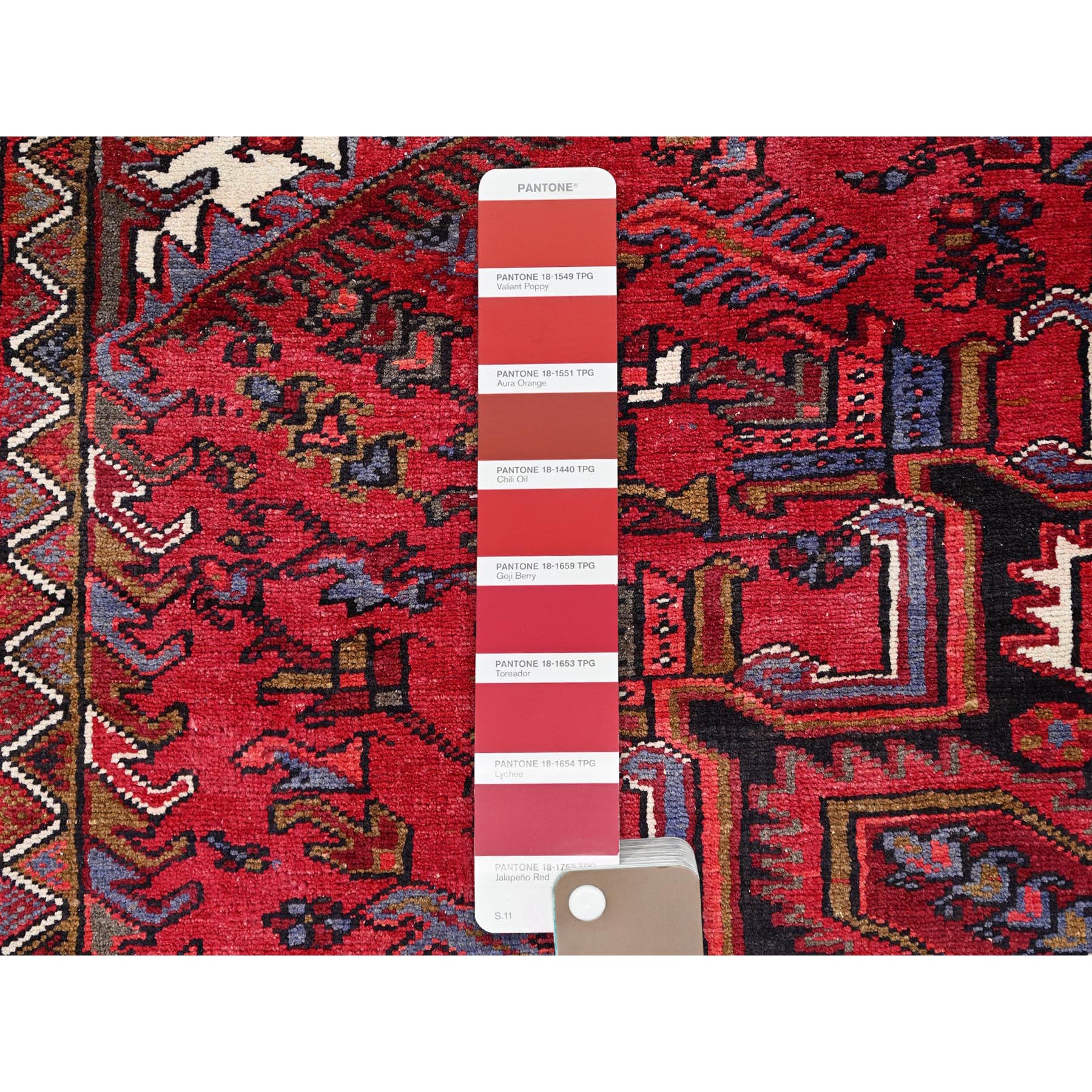 8'x11' Rufous Red, Semi Antique Persian Hand knotted With Central Geometric Medallion Heriz Design, Cleaned Sides and Ends Professionally Secured, Mint Condition Pure Wool Oriental Rug Sh86149
