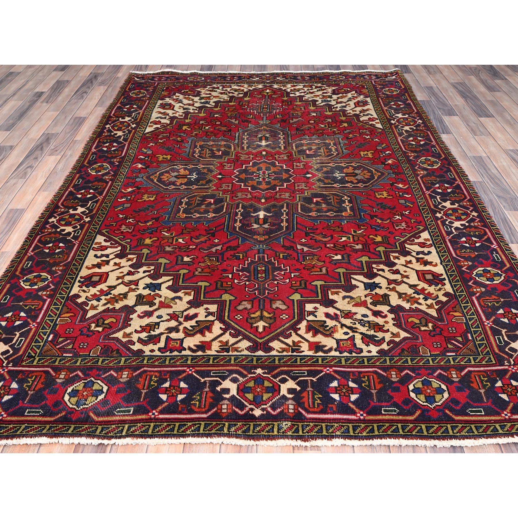 6'4"x9'3" Cranberry Zing Red With Vivid Colors, Pastel Ivory Spandrels, Hand Knotted Semi Antique Persian Heriz With Excellent Condition, Sides and Ends Professionally Cleaned and Secured Oriental Pure Wool Rug Sh86151