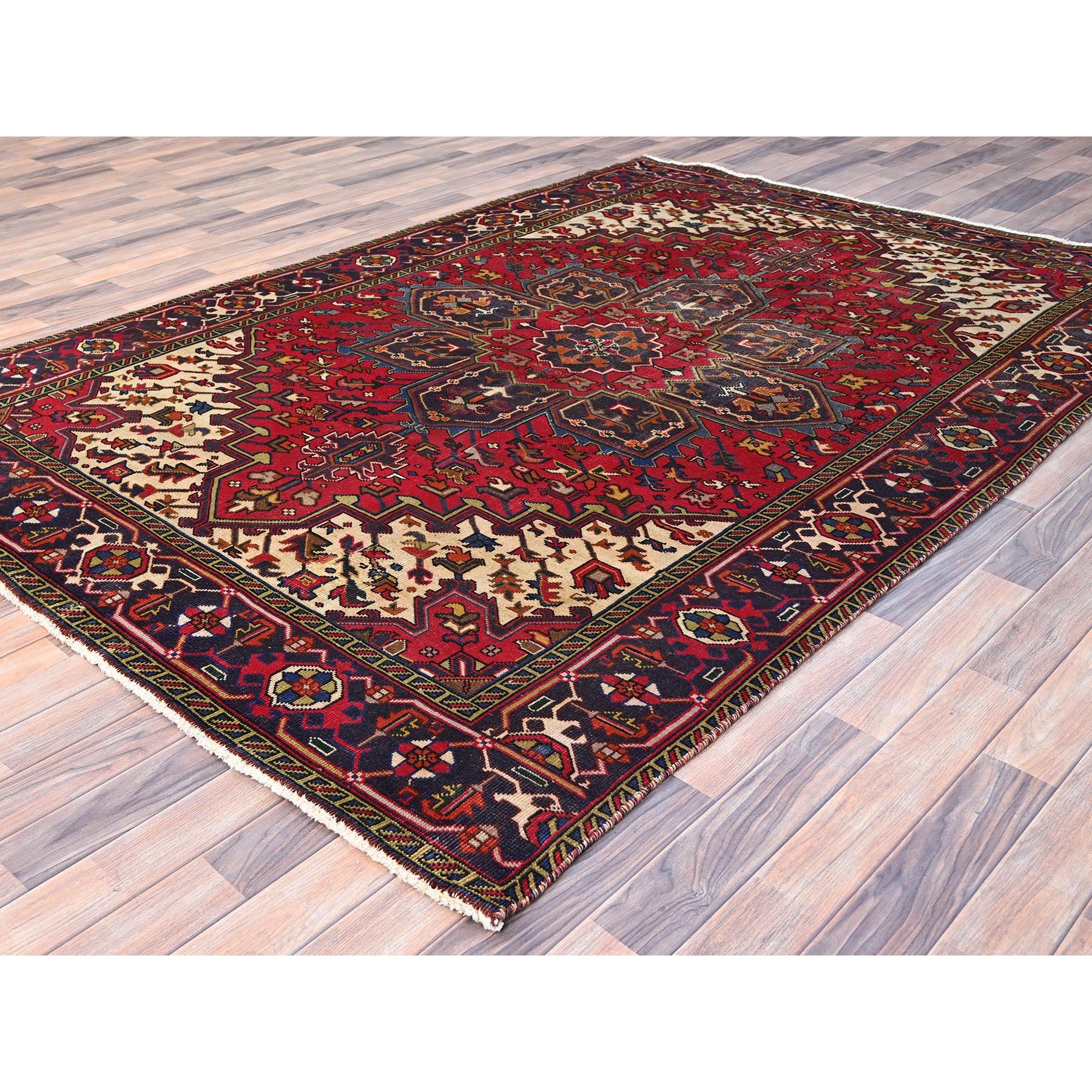 6'4"x9'3" Cranberry Zing Red With Vivid Colors, Pastel Ivory Spandrels, Hand Knotted Semi Antique Persian Heriz With Excellent Condition, Sides and Ends Professionally Cleaned and Secured Oriental Pure Wool Rug Sh86151