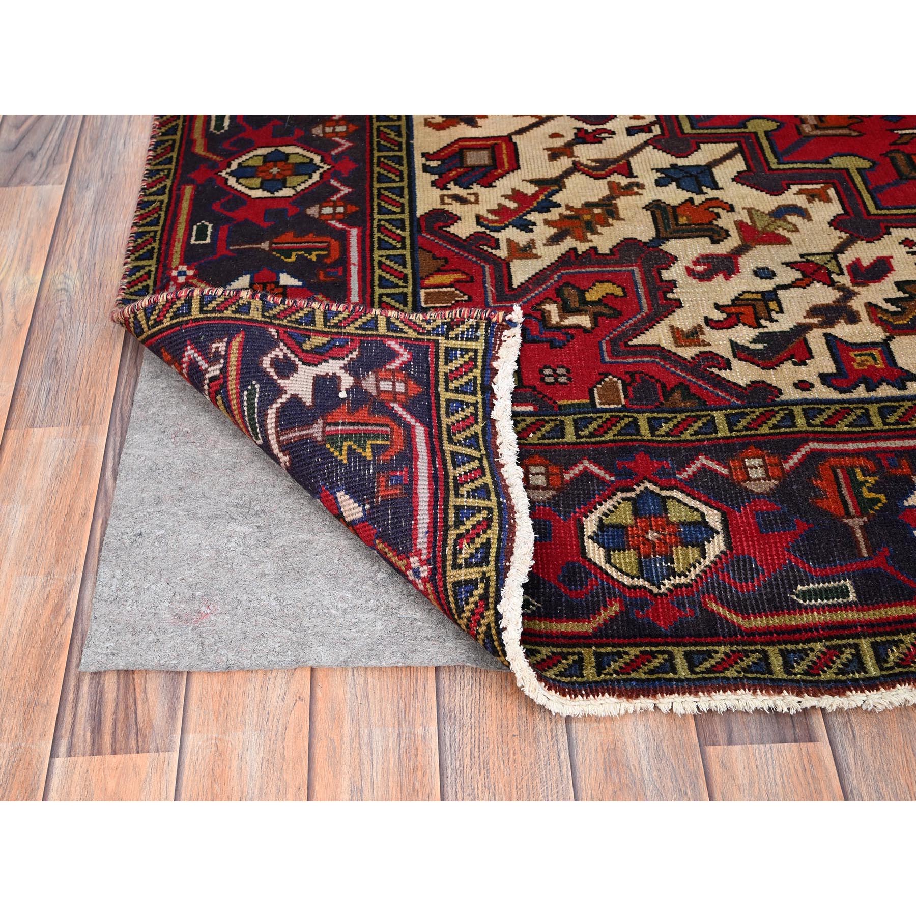 6'4"x9'3" Cranberry Zing Red With Vivid Colors, Pastel Ivory Spandrels, Hand Knotted Semi Antique Persian Heriz With Excellent Condition, Sides and Ends Professionally Cleaned and Secured Oriental Pure Wool Rug Sh86151