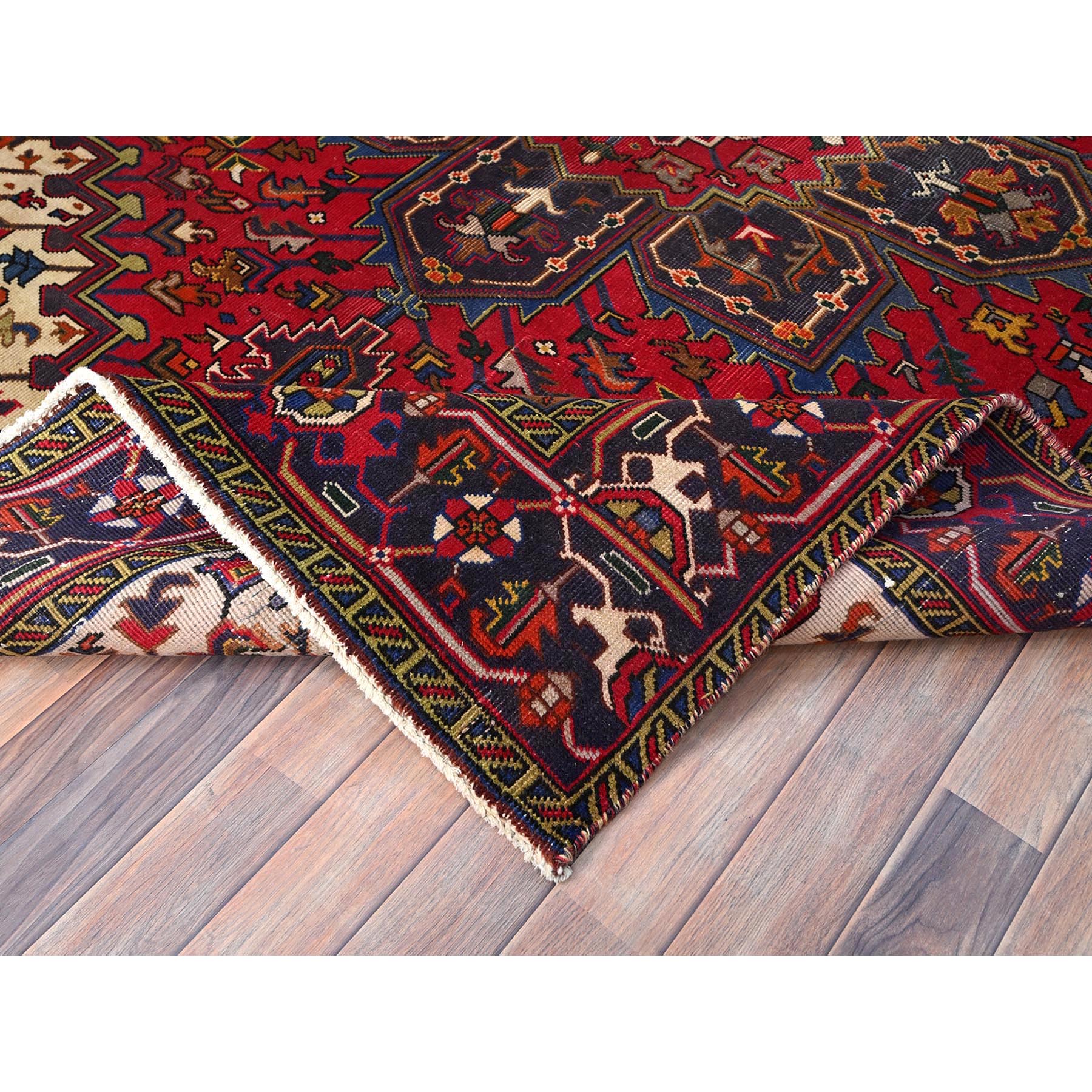 6'4"x9'3" Cranberry Zing Red With Vivid Colors, Pastel Ivory Spandrels, Hand Knotted Semi Antique Persian Heriz With Excellent Condition, Sides and Ends Professionally Cleaned and Secured Oriental Pure Wool Rug Sh86151