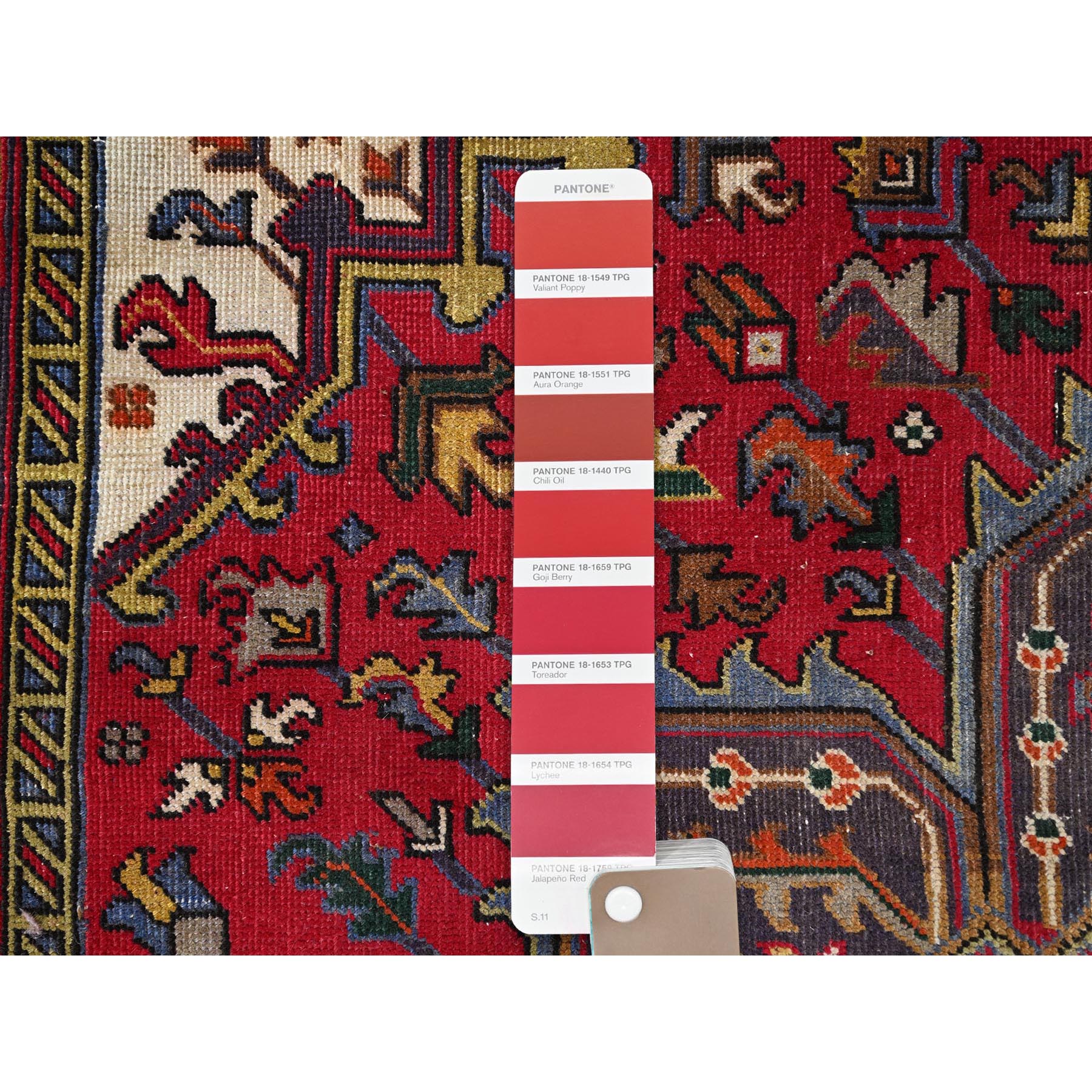 6'4"x9'3" Cranberry Zing Red With Vivid Colors, Pastel Ivory Spandrels, Hand Knotted Semi Antique Persian Heriz With Excellent Condition, Sides and Ends Professionally Cleaned and Secured Oriental Pure Wool Rug Sh86151