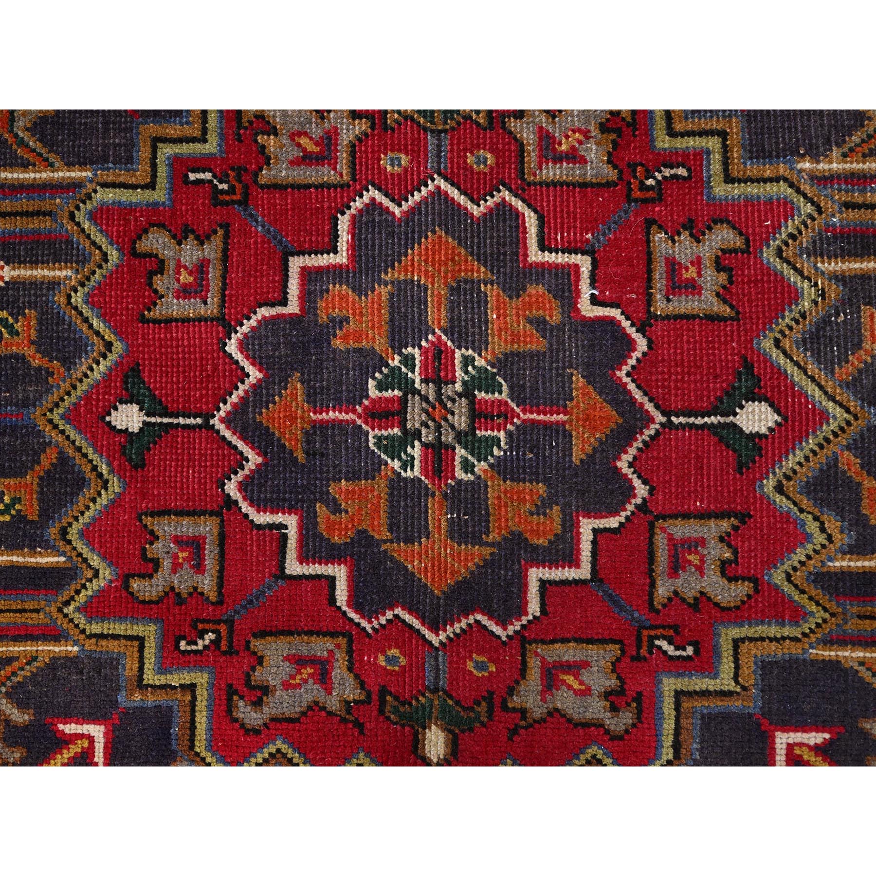6'4"x9'3" Cranberry Zing Red With Vivid Colors, Pastel Ivory Spandrels, Hand Knotted Semi Antique Persian Heriz With Excellent Condition, Sides and Ends Professionally Cleaned and Secured Oriental Pure Wool Rug Sh86151
