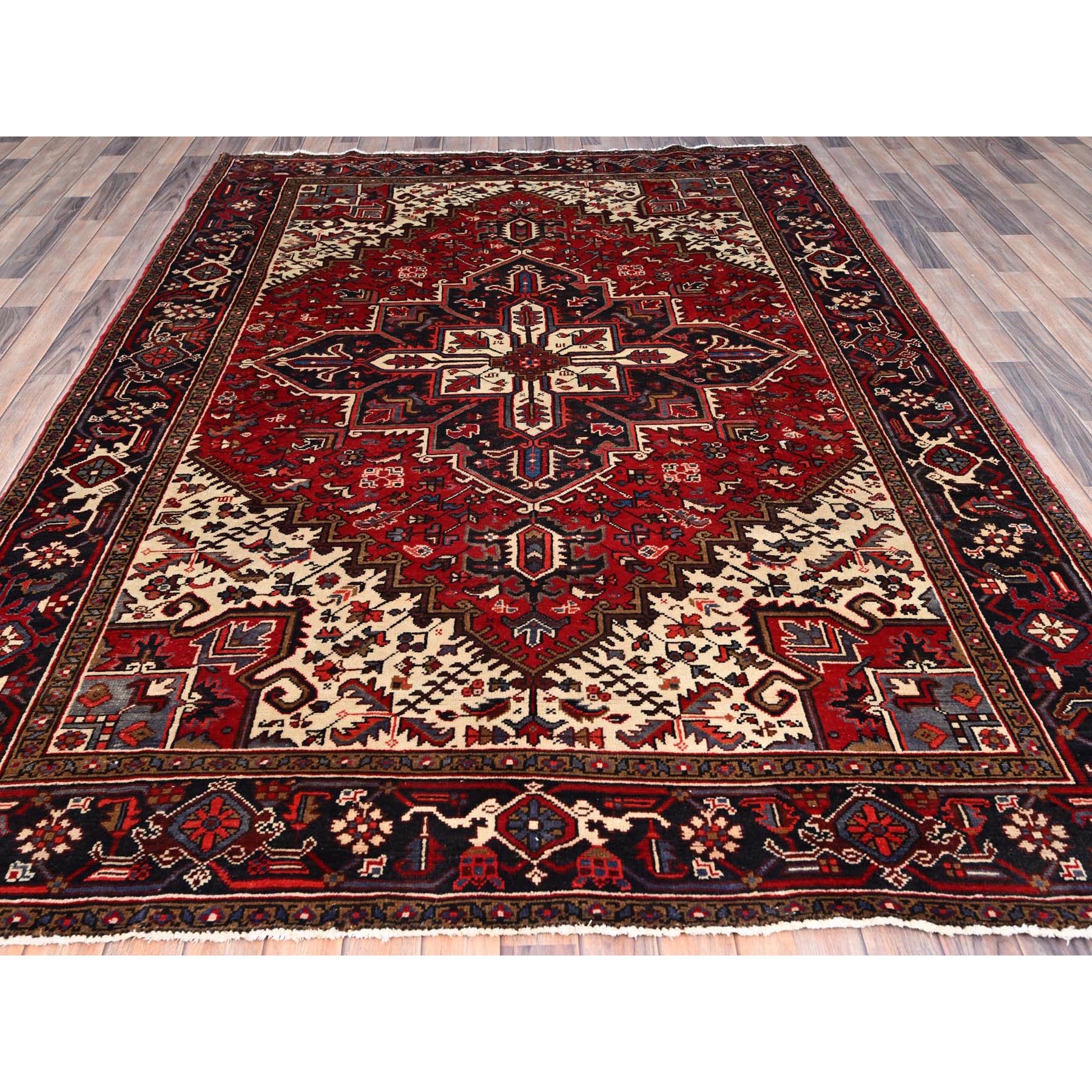 6'8"x9'5" Harvest Apple Red, Abrash, Lustrous Wool Hand Knotted, Vintage Persian Heriz, Good Condition, Sides and Ends Professionally Secured, Cleaned, Oriental Rug Sh86153