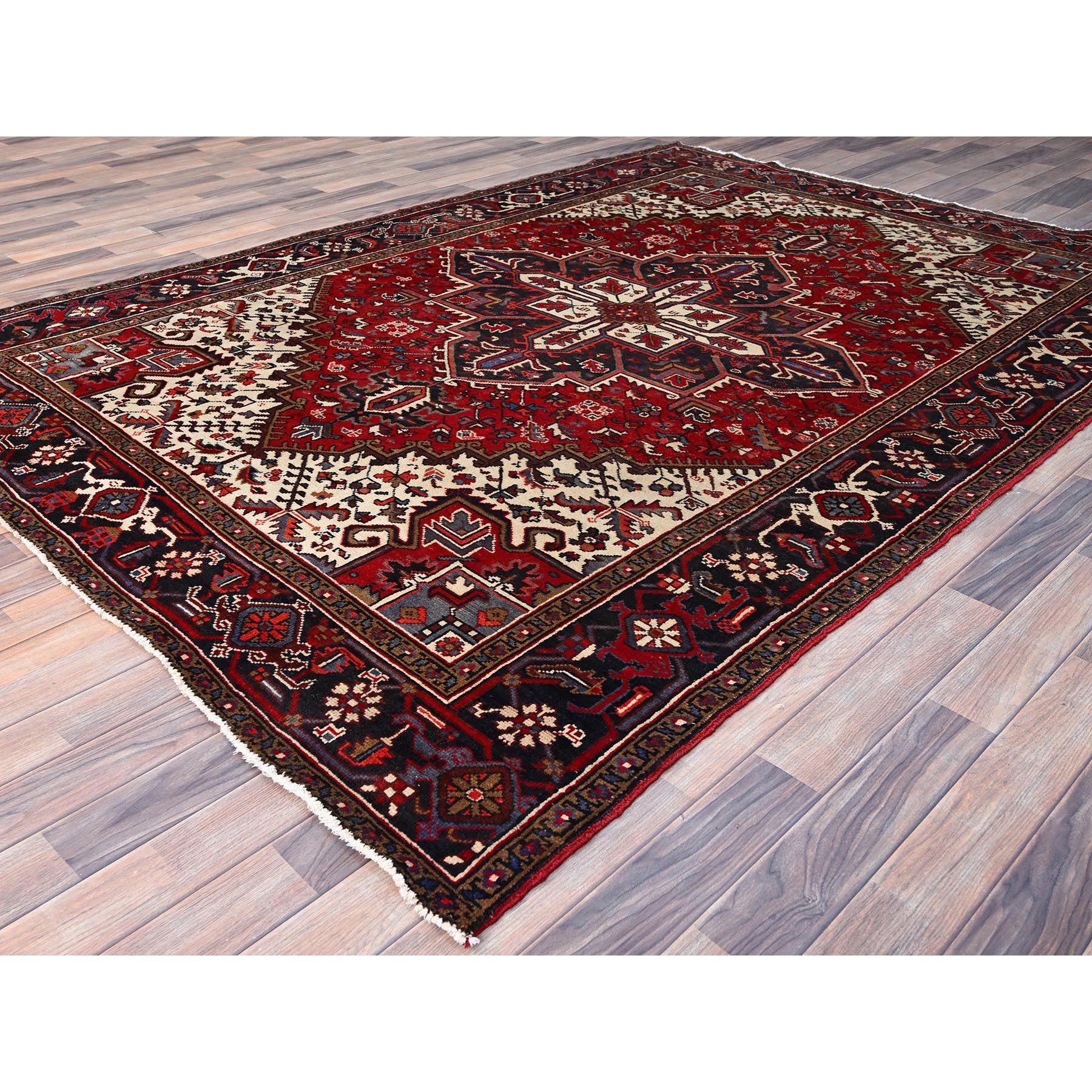 6'8"x9'5" Harvest Apple Red, Abrash, Lustrous Wool Hand Knotted, Vintage Persian Heriz, Good Condition, Sides and Ends Professionally Secured, Cleaned, Oriental Rug Sh86153