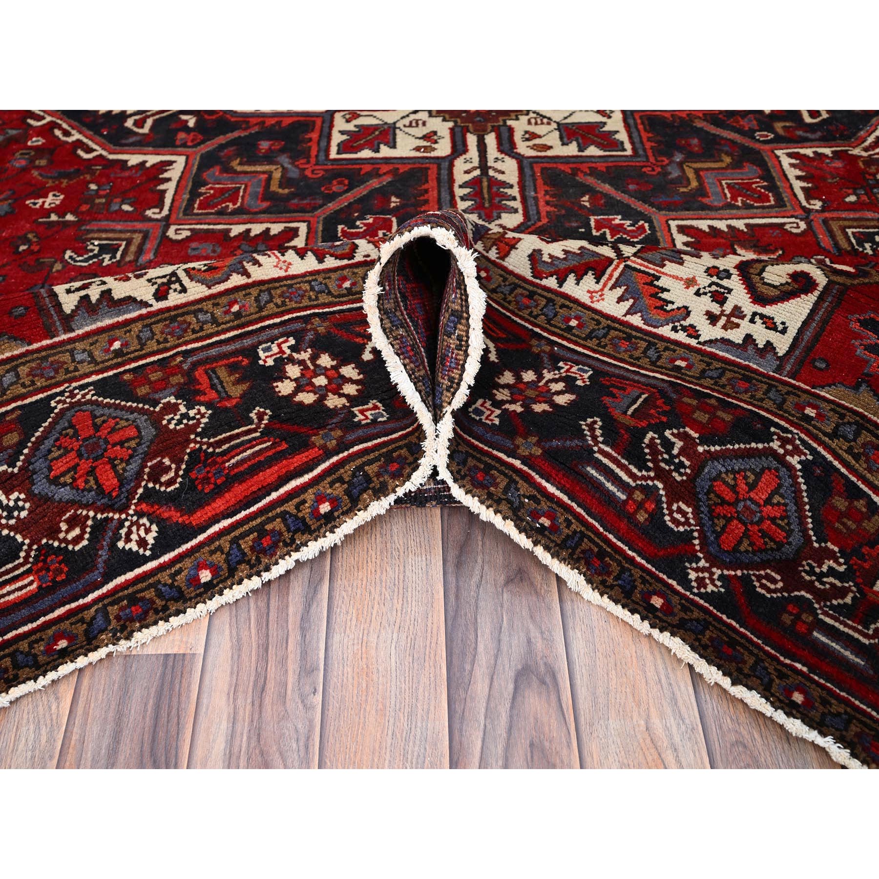 6'8"x9'5" Harvest Apple Red, Abrash, Lustrous Wool Hand Knotted, Vintage Persian Heriz, Good Condition, Sides and Ends Professionally Secured, Cleaned, Oriental Rug Sh86153