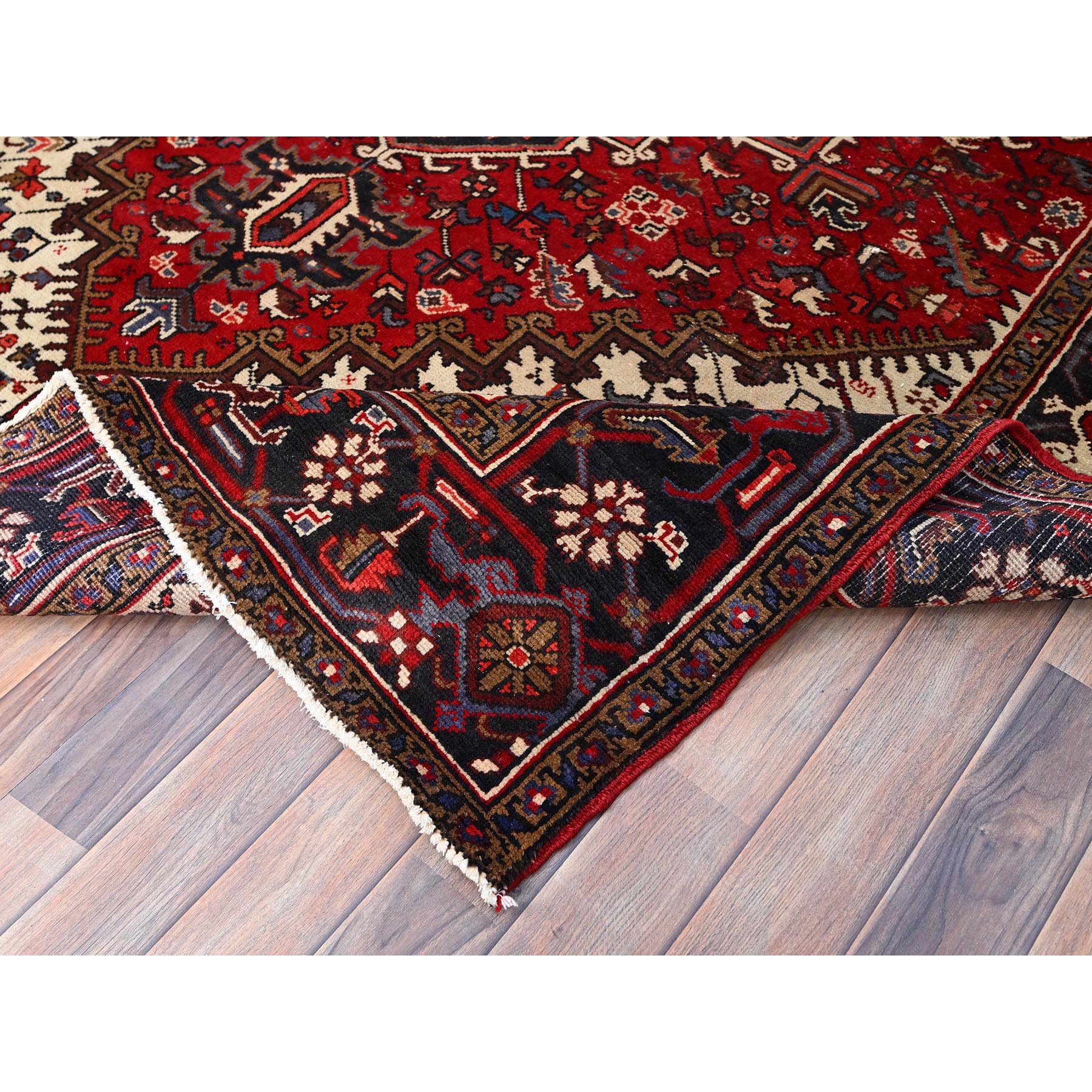 6'8"x9'5" Harvest Apple Red, Abrash, Lustrous Wool Hand Knotted, Vintage Persian Heriz, Good Condition, Sides and Ends Professionally Secured, Cleaned, Oriental Rug Sh86153