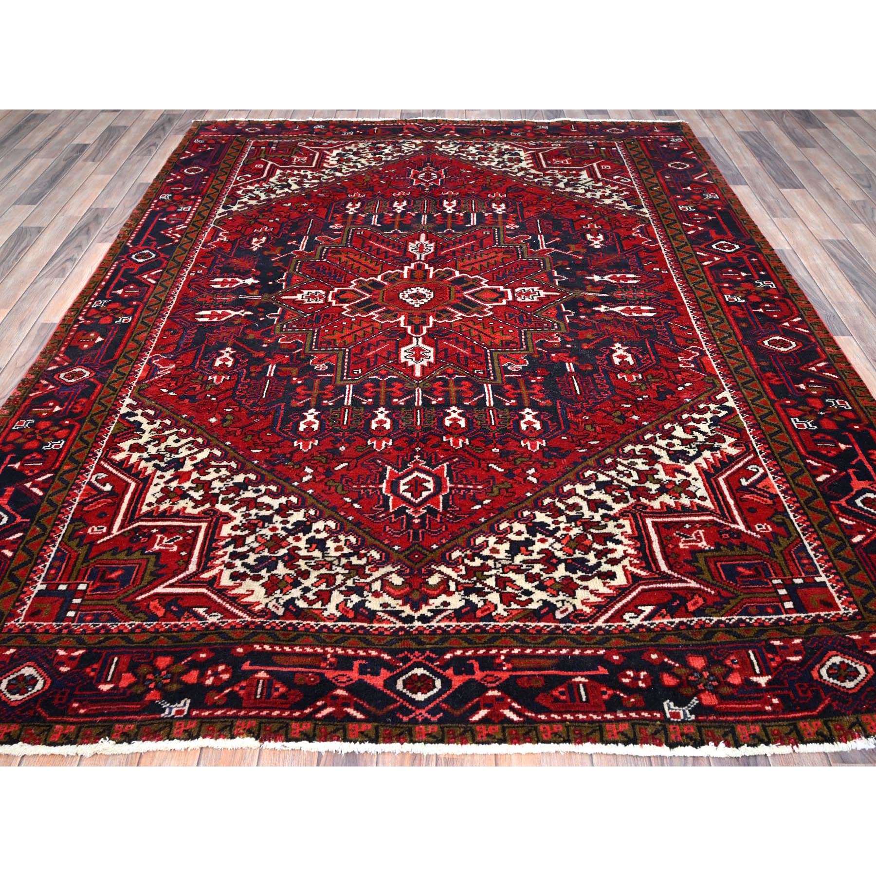 7'1"x9'6" Lusty Red With Brewers Blue, Cleaned and Secured Sides and Ends, Vivid and Shiny Wool, Great Condition Hand Knotted Vintage Persian Heriz Oriental Rug Sh86174