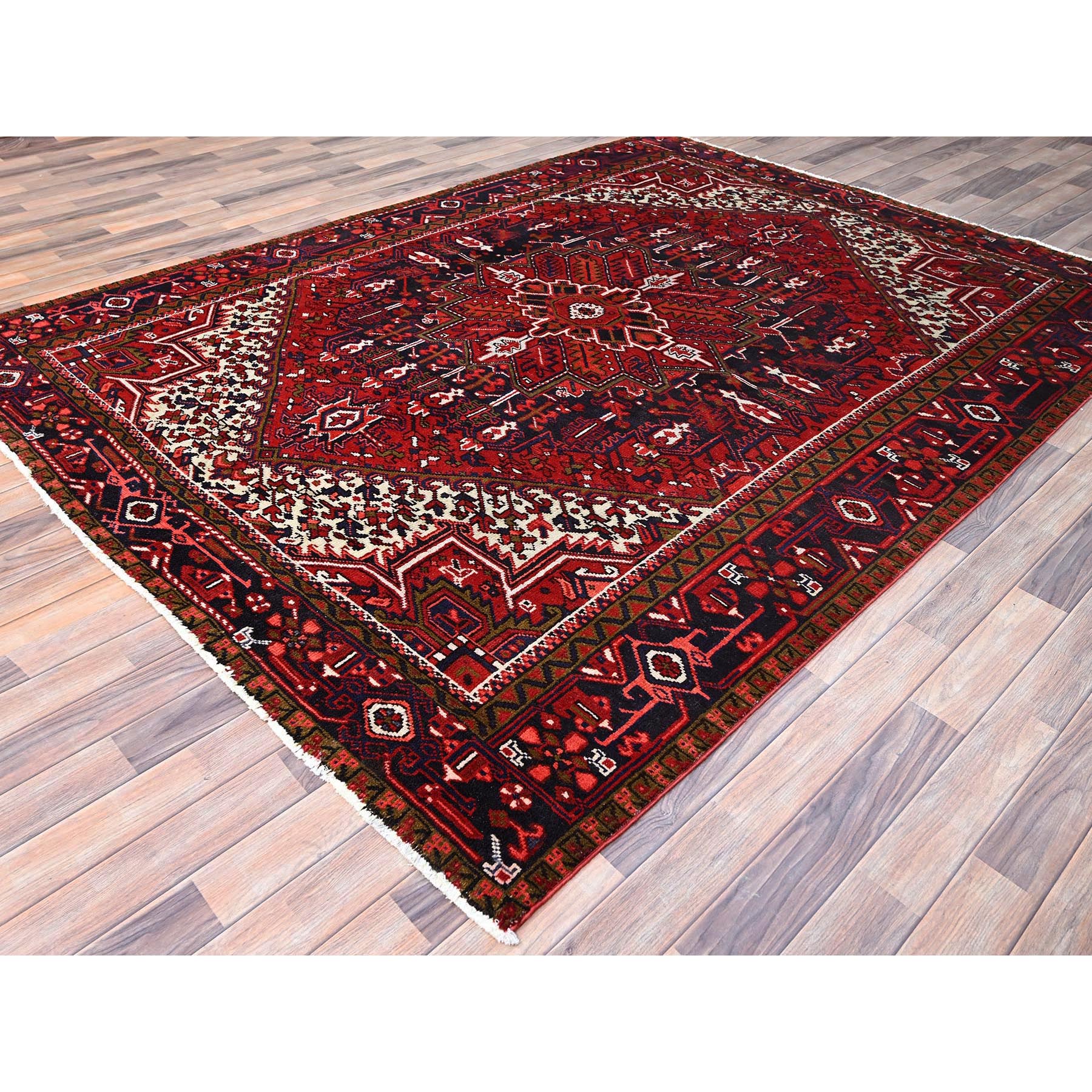 7'1"x9'6" Lusty Red With Brewers Blue, Cleaned and Secured Sides and Ends, Vivid and Shiny Wool, Great Condition Hand Knotted Vintage Persian Heriz Oriental Rug Sh86174