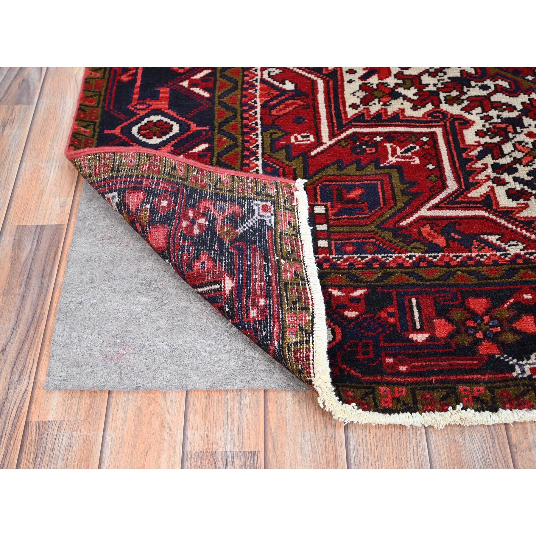 7'1"x9'6" Lusty Red With Brewers Blue, Cleaned and Secured Sides and Ends, Vivid and Shiny Wool, Great Condition Hand Knotted Vintage Persian Heriz Oriental Rug Sh86174
