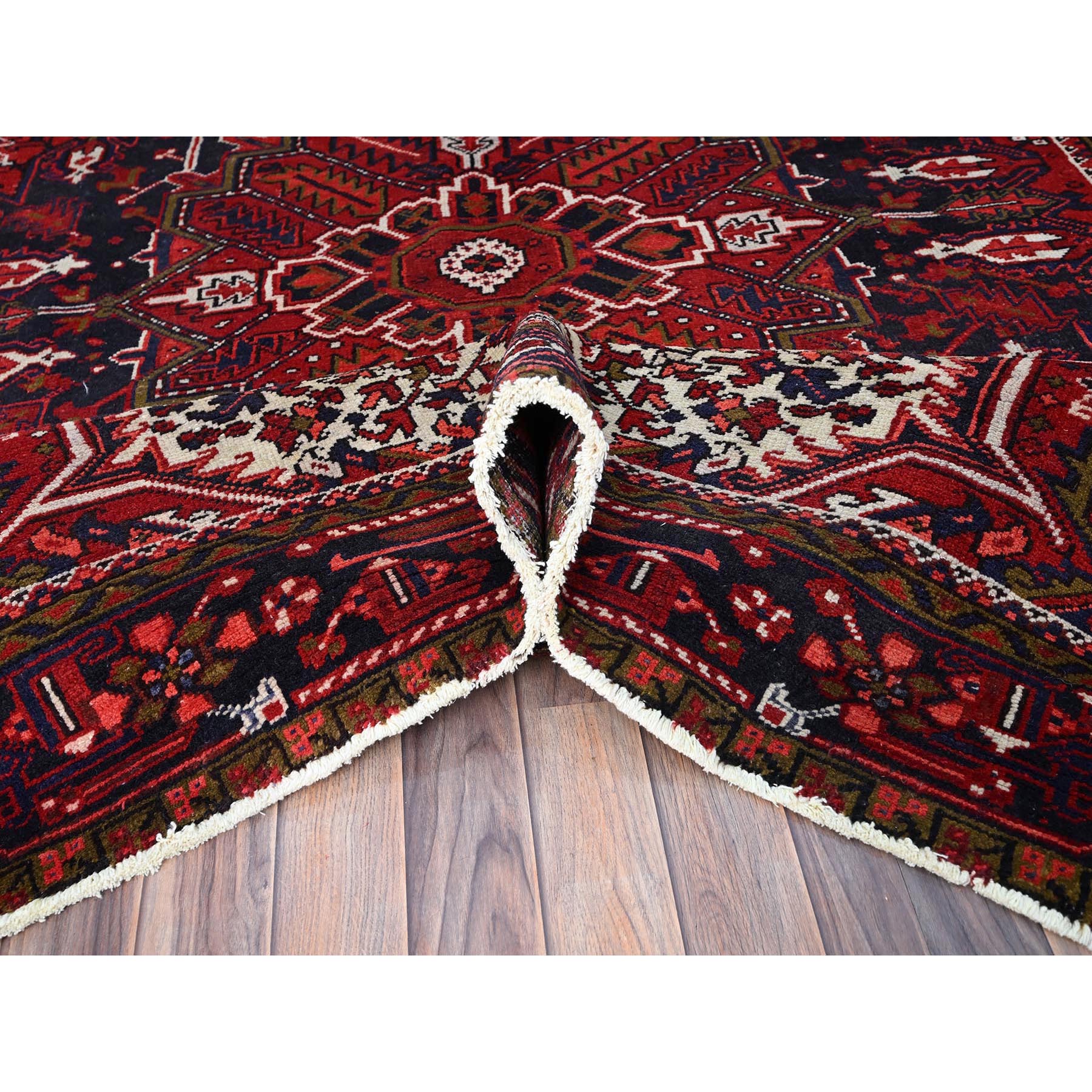7'1"x9'6" Lusty Red With Brewers Blue, Cleaned and Secured Sides and Ends, Vivid and Shiny Wool, Great Condition Hand Knotted Vintage Persian Heriz Oriental Rug Sh86174