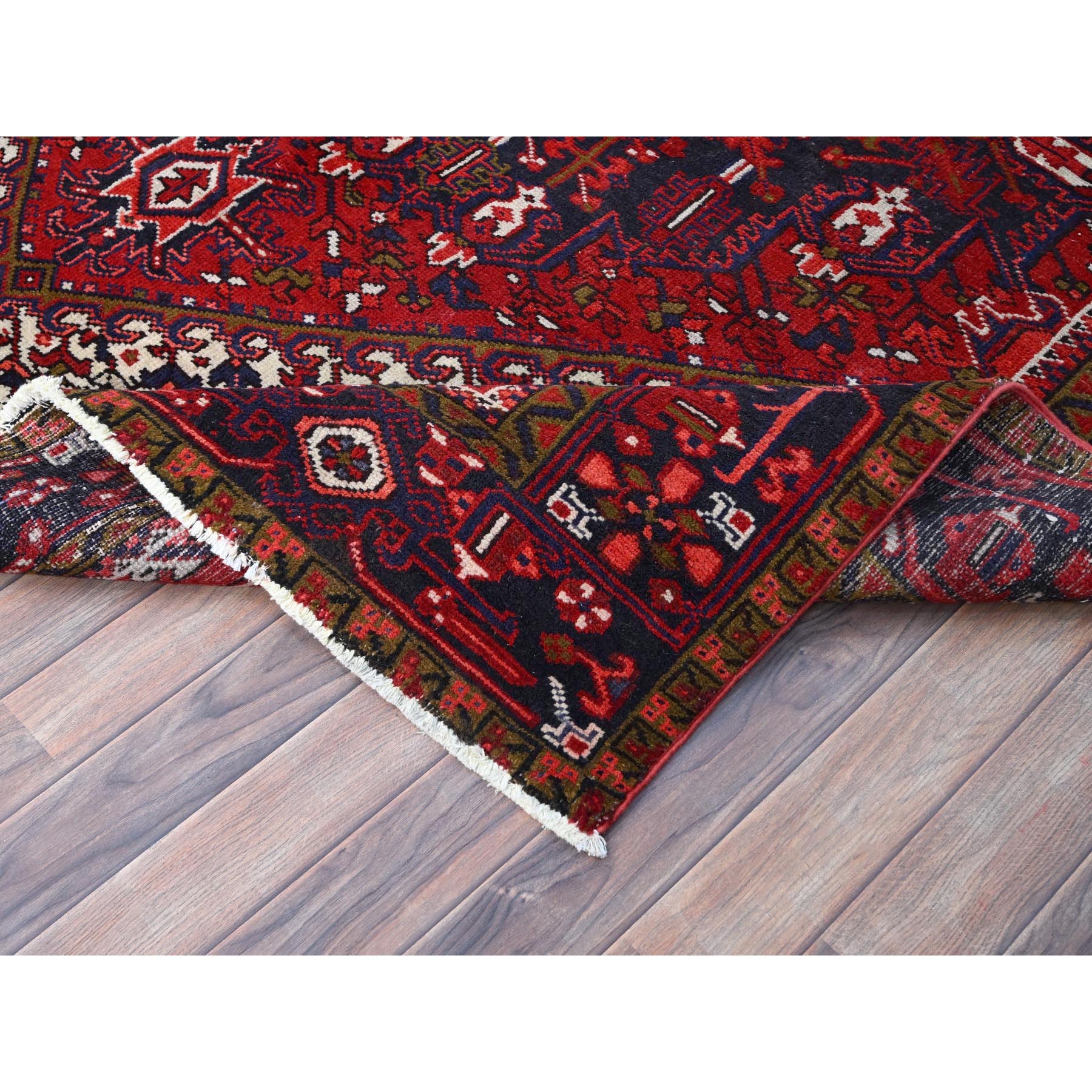 7'1"x9'6" Lusty Red With Brewers Blue, Cleaned and Secured Sides and Ends, Vivid and Shiny Wool, Great Condition Hand Knotted Vintage Persian Heriz Oriental Rug Sh86174