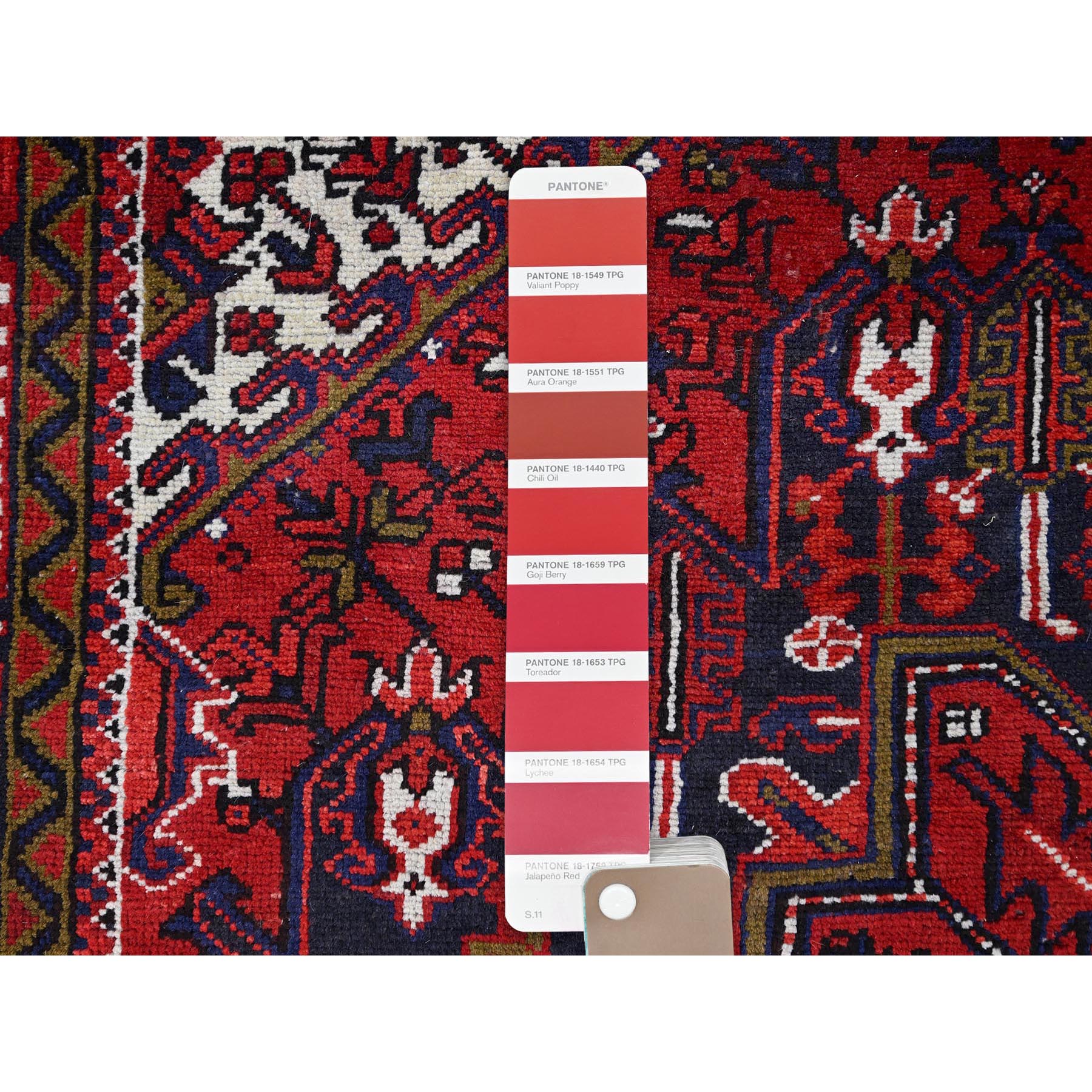 7'1"x9'6" Lusty Red With Brewers Blue, Cleaned and Secured Sides and Ends, Vivid and Shiny Wool, Great Condition Hand Knotted Vintage Persian Heriz Oriental Rug Sh86174