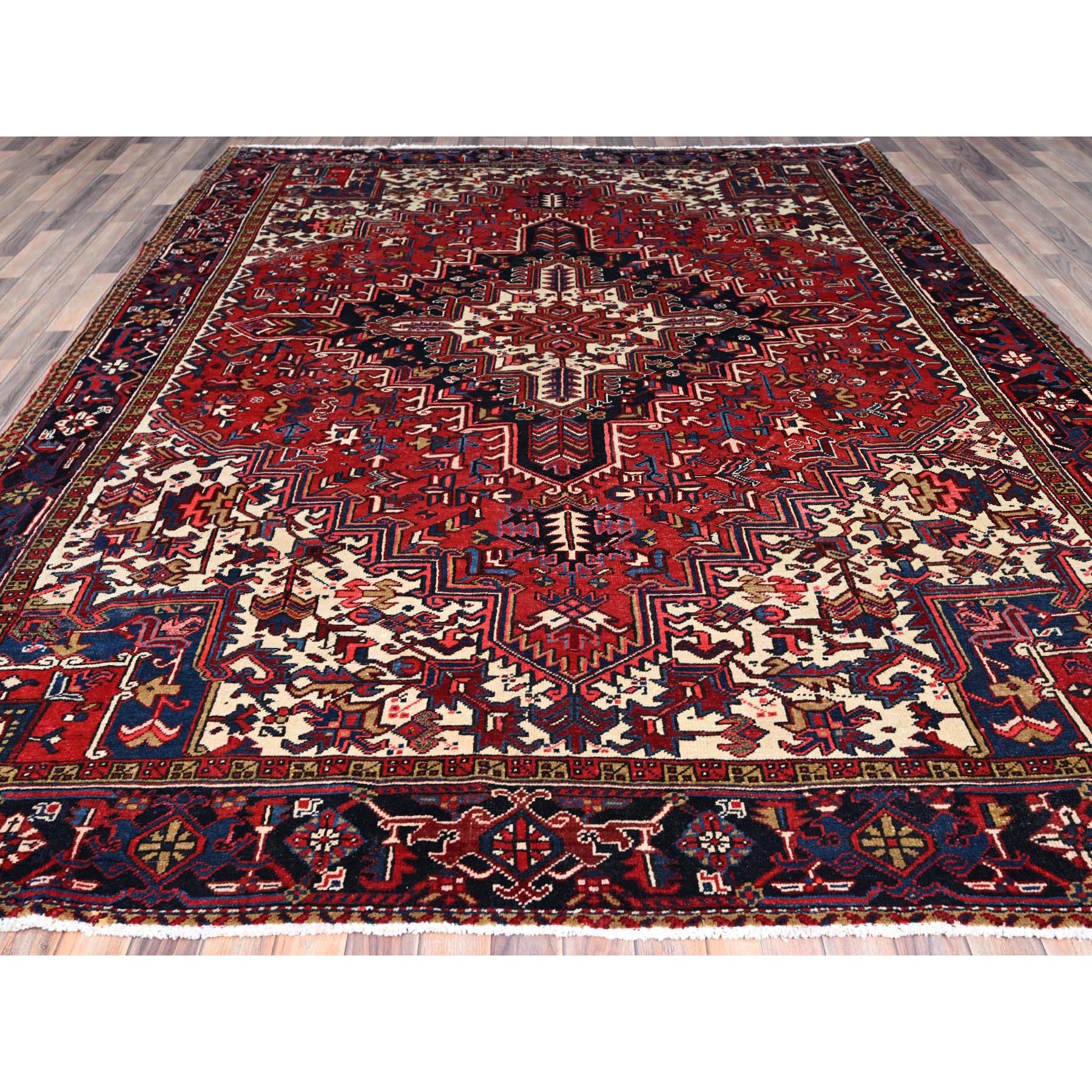 9'x11'3" Locomotive Red, Semi Antique Heriz Persian Charming Village Design With Diamond On a Square Medallion, Full Pile, Sides and Ends Professionally Cleaned and Secured, Soft and Vibrant Wool, Oriental Rug Sh86177