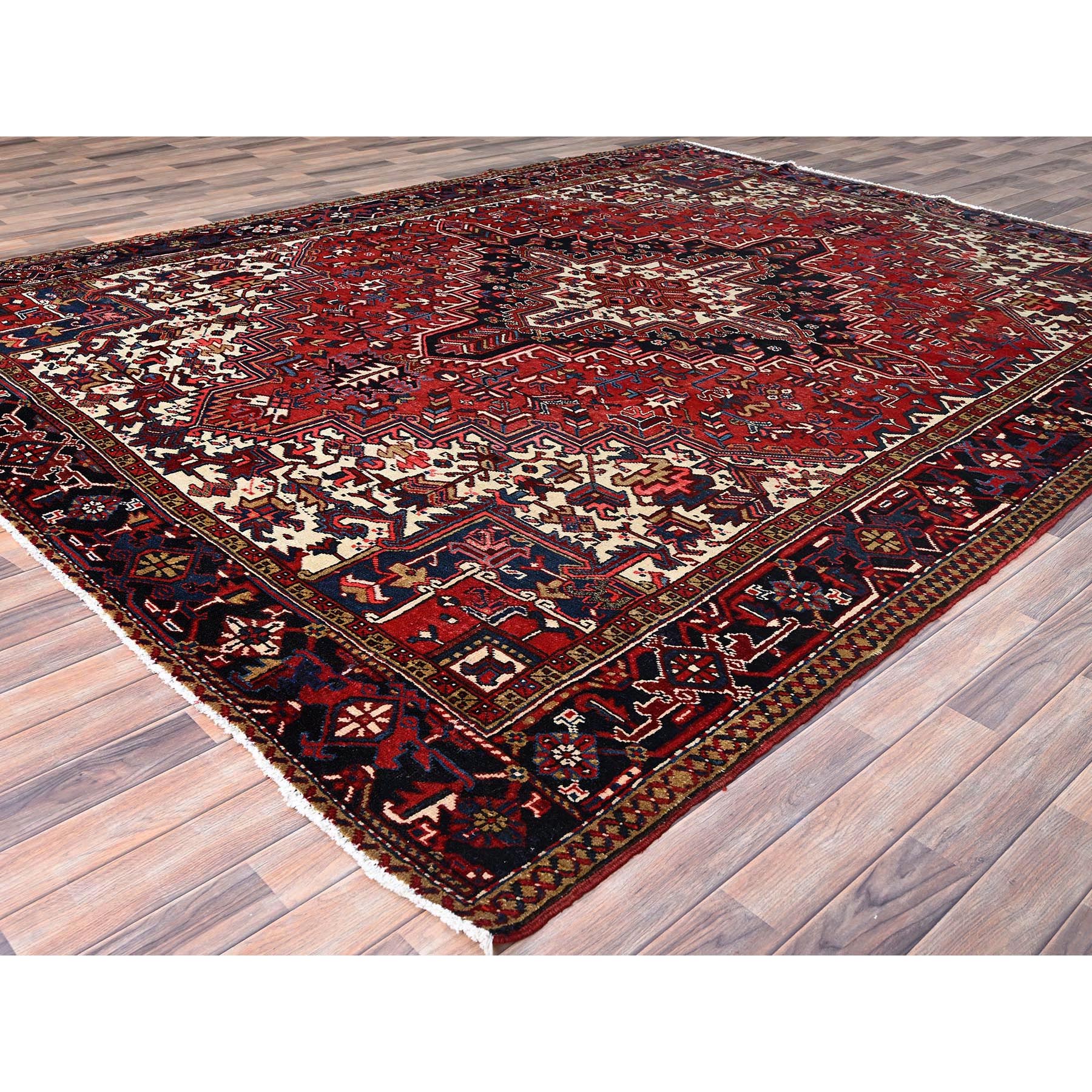 9'x11'3" Locomotive Red, Semi Antique Heriz Persian Charming Village Design With Diamond On a Square Medallion, Full Pile, Sides and Ends Professionally Cleaned and Secured, Soft and Vibrant Wool, Oriental Rug Sh86177