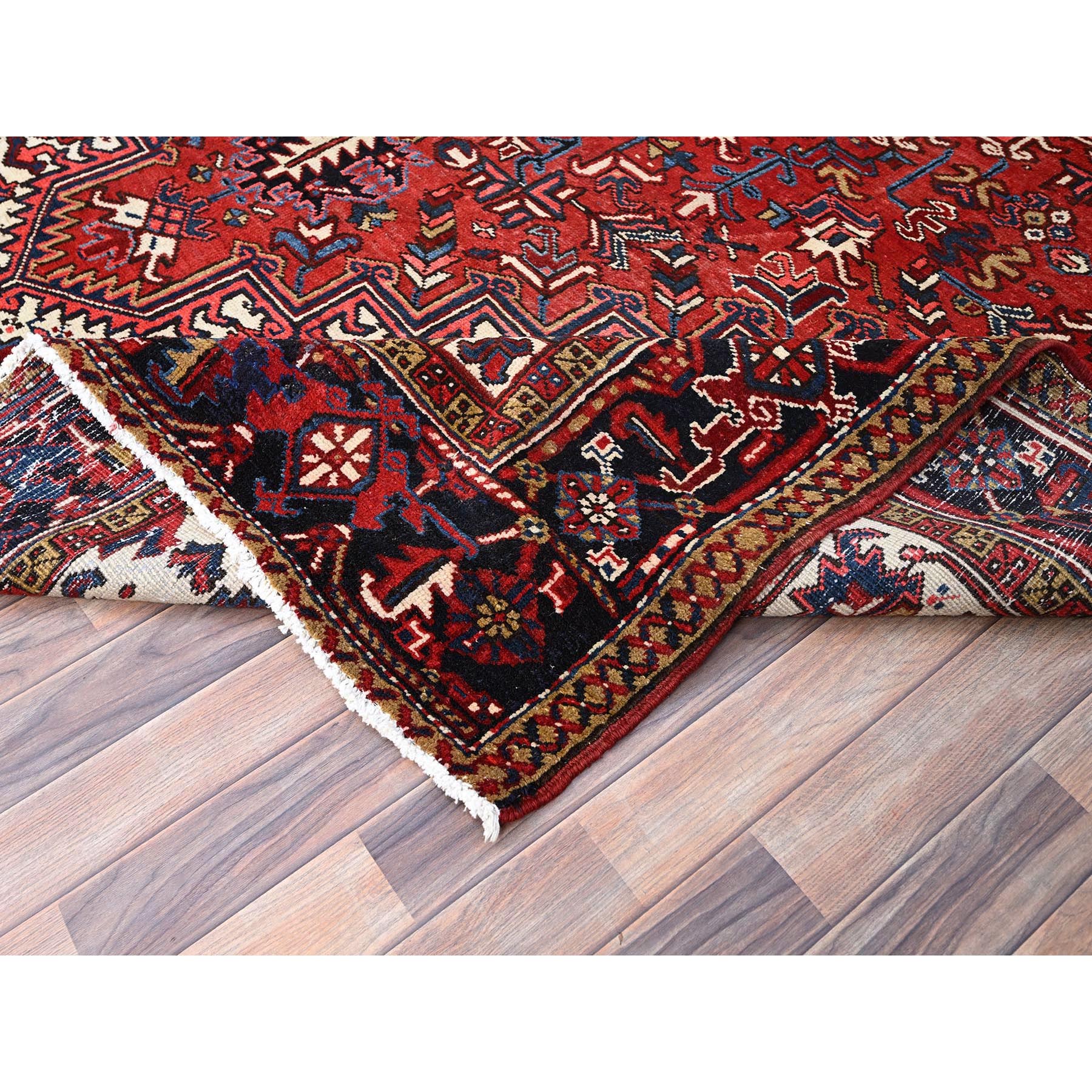 9'x11'3" Locomotive Red, Semi Antique Heriz Persian Charming Village Design With Diamond On a Square Medallion, Full Pile, Sides and Ends Professionally Cleaned and Secured, Soft and Vibrant Wool, Oriental Rug Sh86177