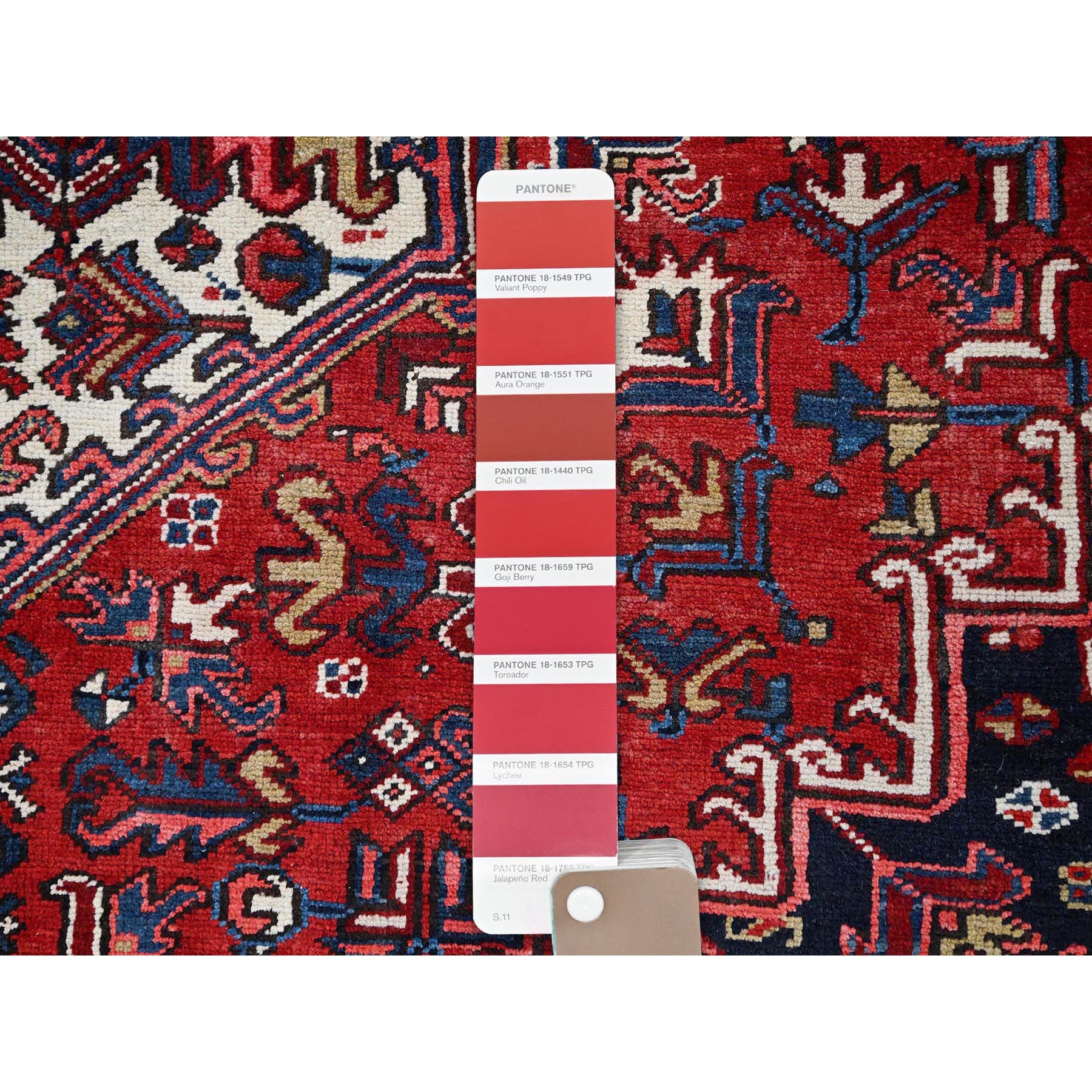 9'x11'3" Locomotive Red, Semi Antique Heriz Persian Charming Village Design With Diamond On a Square Medallion, Full Pile, Sides and Ends Professionally Cleaned and Secured, Soft and Vibrant Wool, Oriental Rug Sh86177