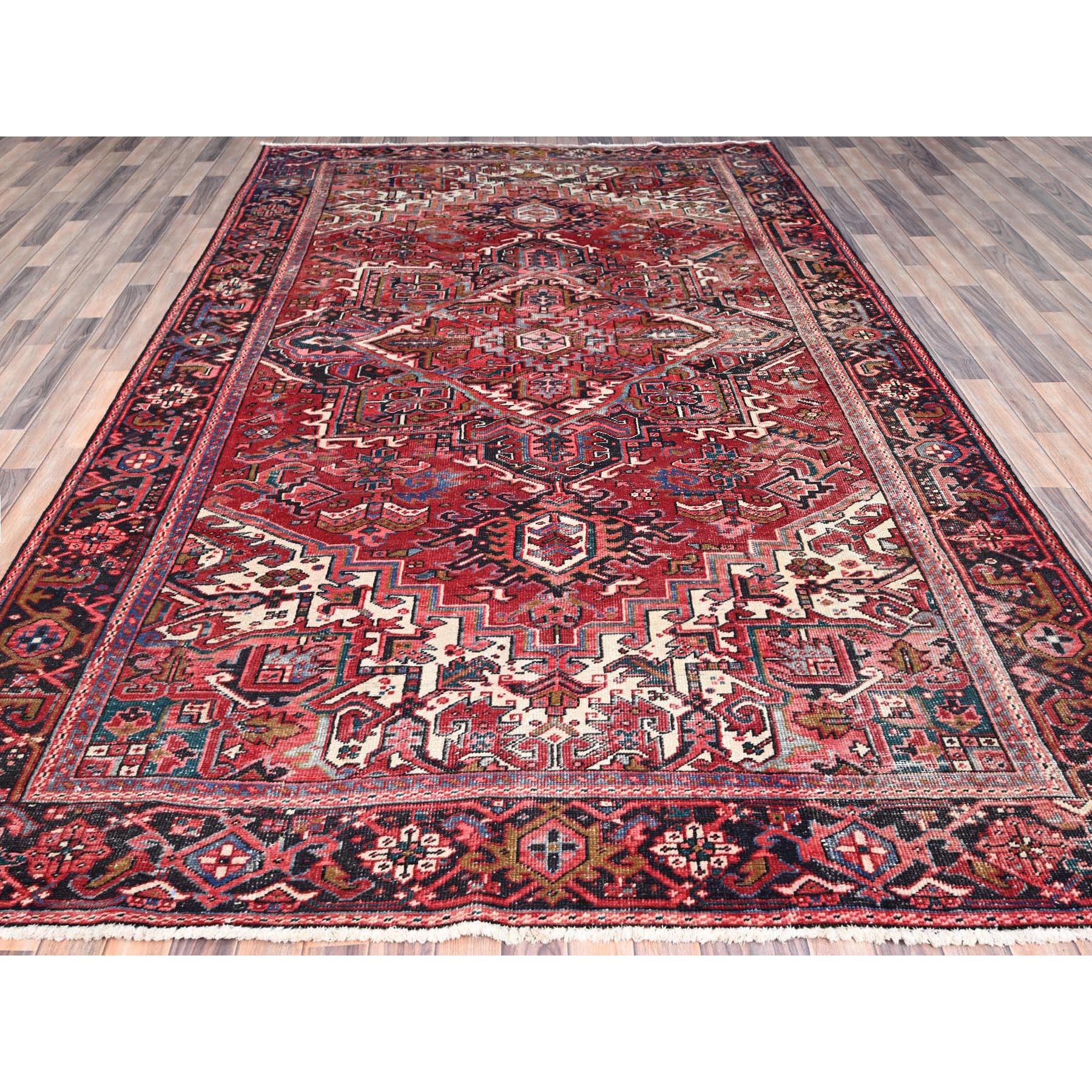 7'6"x11'6" Savvy Red, Good Condition, Lustrous Wool, Jewel Tone Color Geometric Medallion Design Semi Antique Persian Heriz Abrash Oriental Rug Sh86178