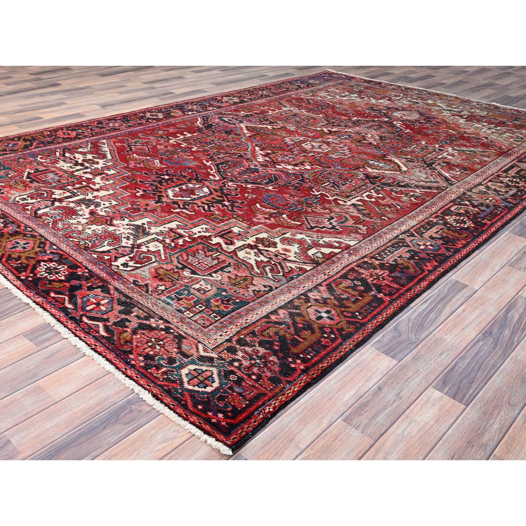 7'6"x11'6" Savvy Red, Good Condition, Lustrous Wool, Jewel Tone Color Geometric Medallion Design Semi Antique Persian Heriz Abrash Oriental Rug Sh86178