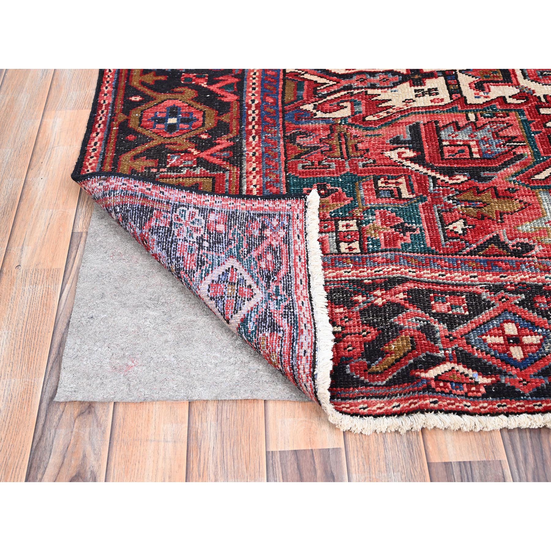 7'6"x11'6" Savvy Red, Good Condition, Lustrous Wool, Jewel Tone Color Geometric Medallion Design Semi Antique Persian Heriz Abrash Oriental Rug Sh86178