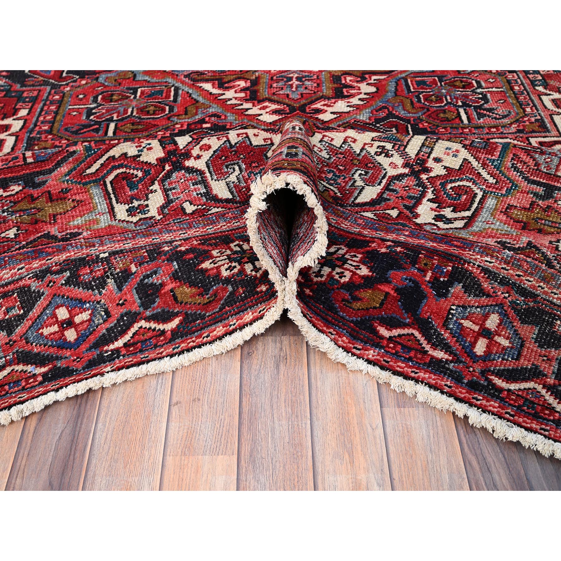 7'6"x11'6" Savvy Red, Good Condition, Lustrous Wool, Jewel Tone Color Geometric Medallion Design Semi Antique Persian Heriz Abrash Oriental Rug Sh86178